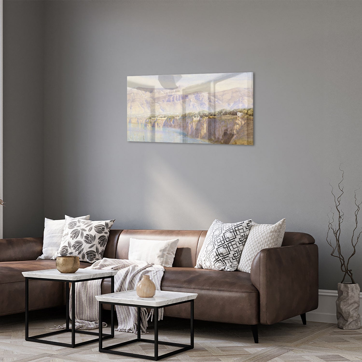 Träumerisches Glasbild mit Berglandschaft – Glasbild aus Sicherheitsglas, Größe 125x50