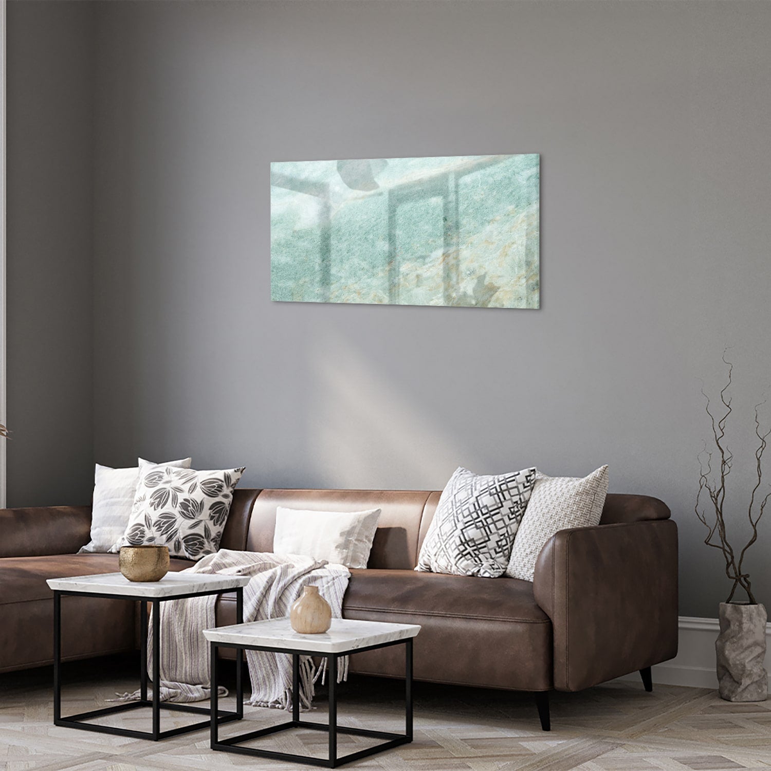 Abstraktes Glasbild in raffinierten Grüntönen – Glasbild aus Sicherheitsglas, Größe 125x50
