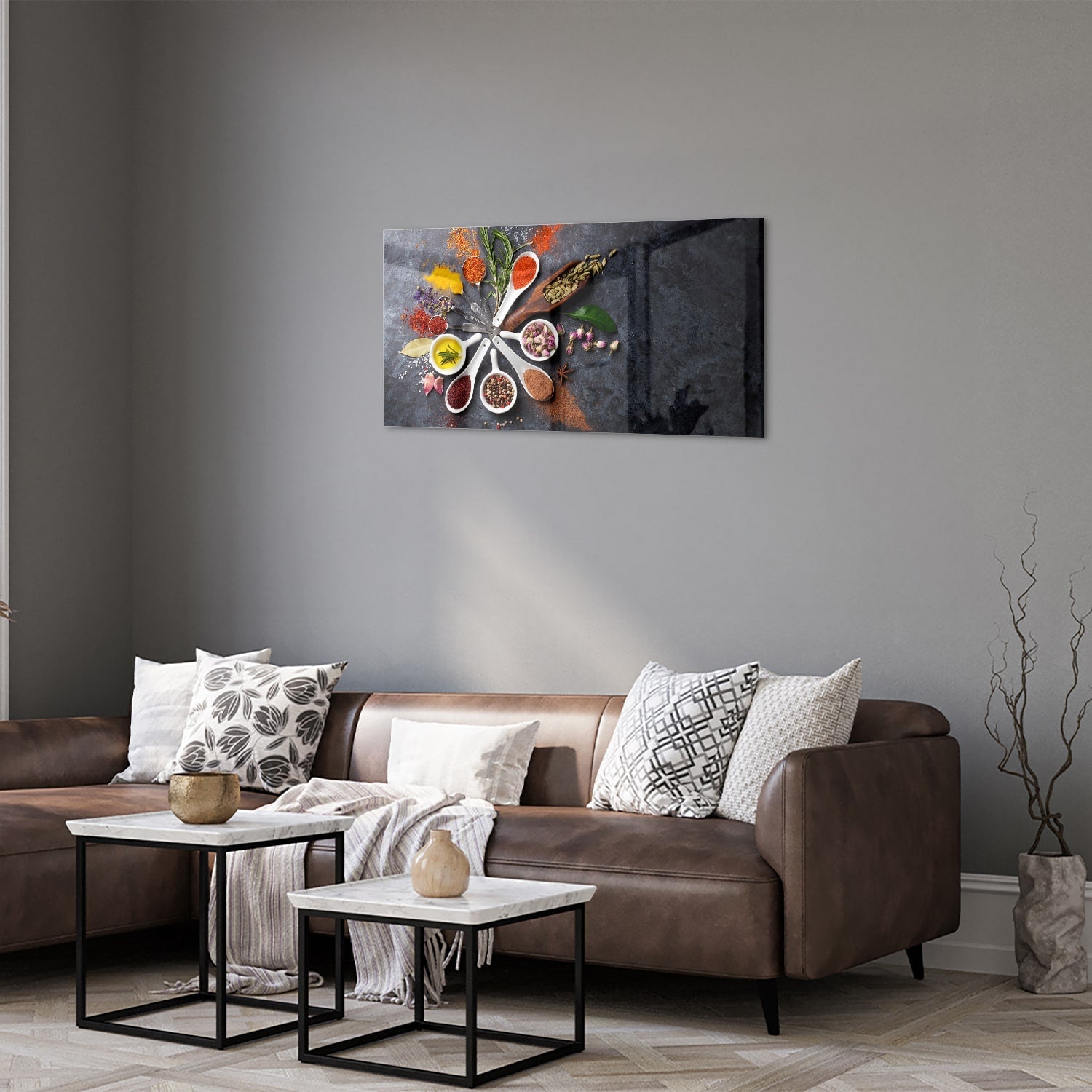Glasbild mit farbenfrohen Gewürzen – Glasbild aus Sicherheitsglas, Größe 125x50
