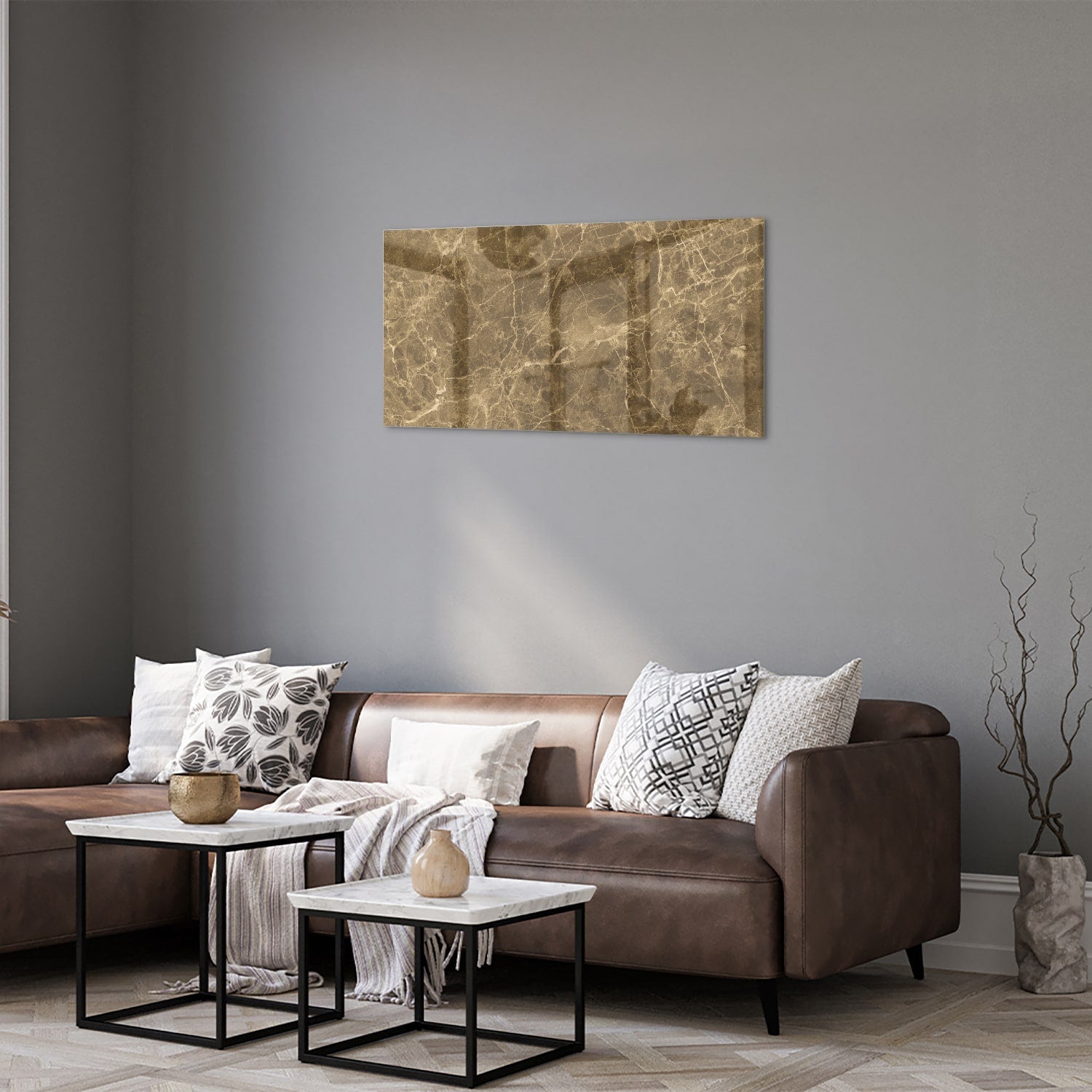 Goldfarbenes Glasbild mit Marmoreffekt – Glasbild aus Sicherheitsglas, Größe 125x50