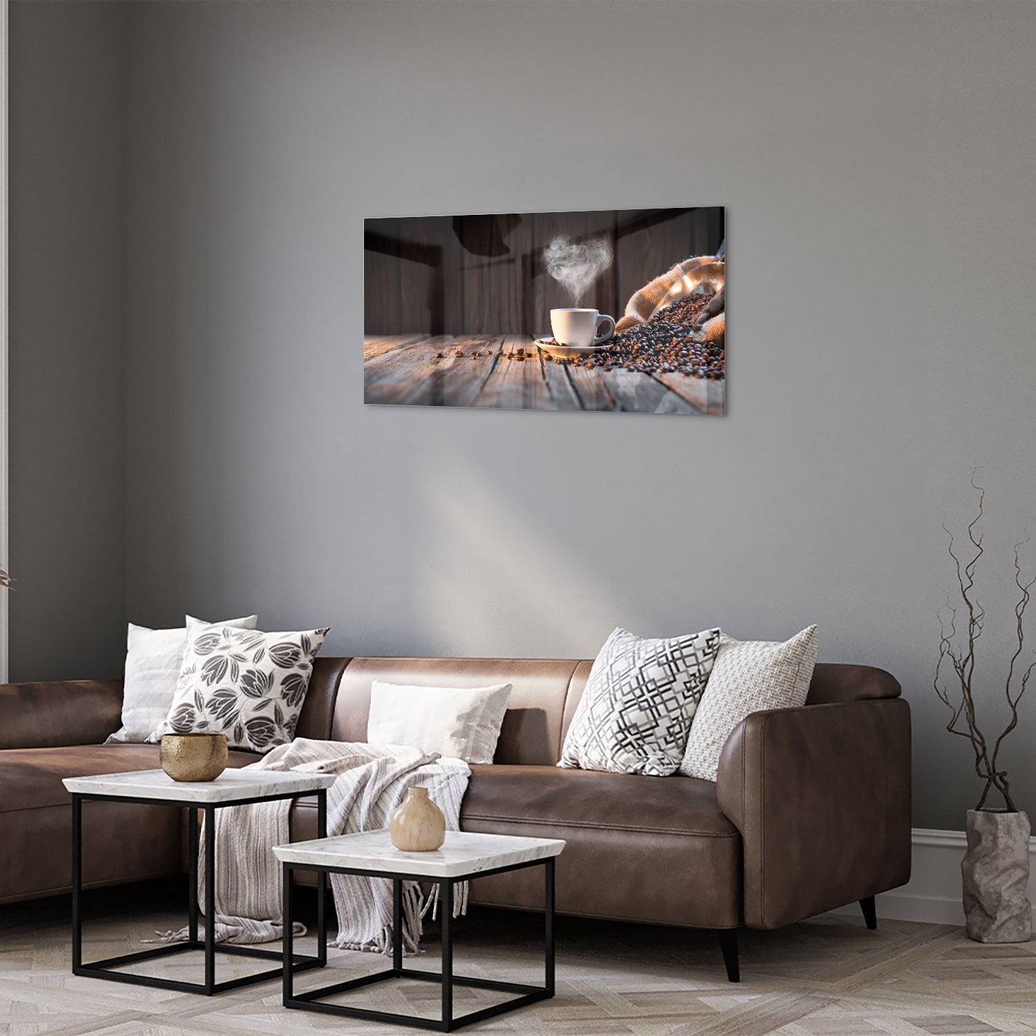 Stilvolles Glasbild mit Kaffee und Kaffeebohnen – Glasbild aus Sicherheitsglas, Größe 125x50