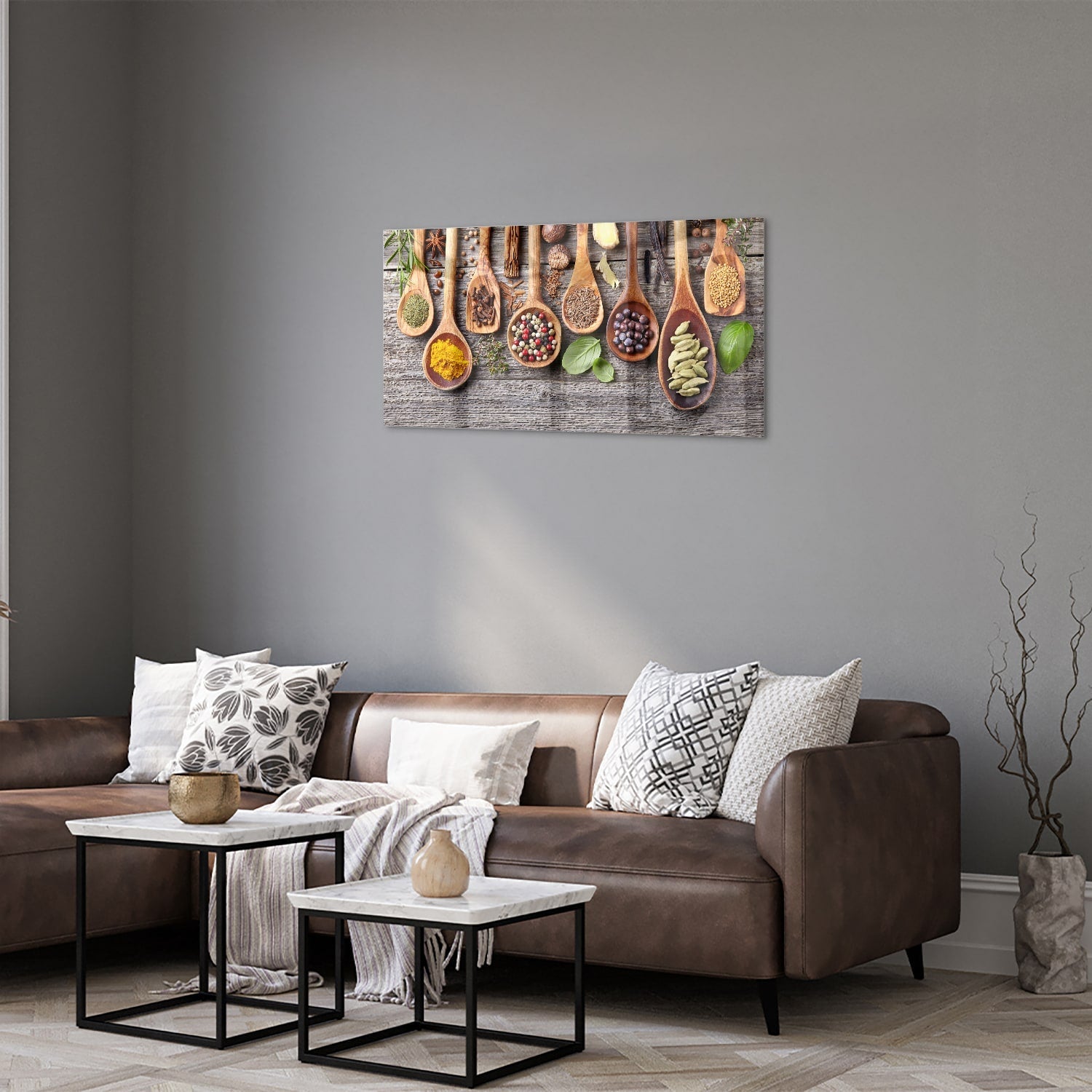 Glasbild mit natürlichen Rezepten im Löffel-Design – Glasbild aus Sicherheitsglas, Größe 125x50