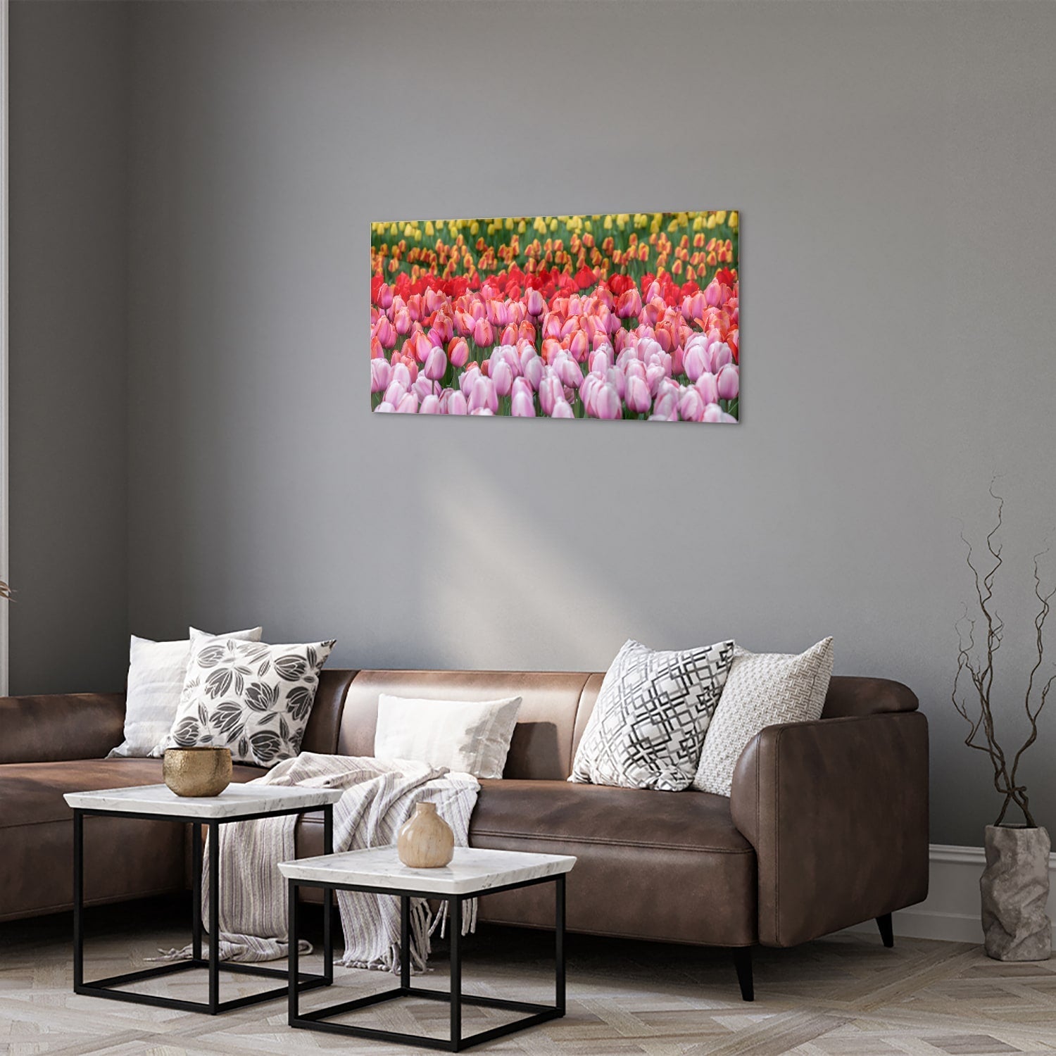 Glasbild mit farbenfrohen Tulpen in einem blühenden Garten – Glasbild aus Sicherheitsglas, Größe 125x50