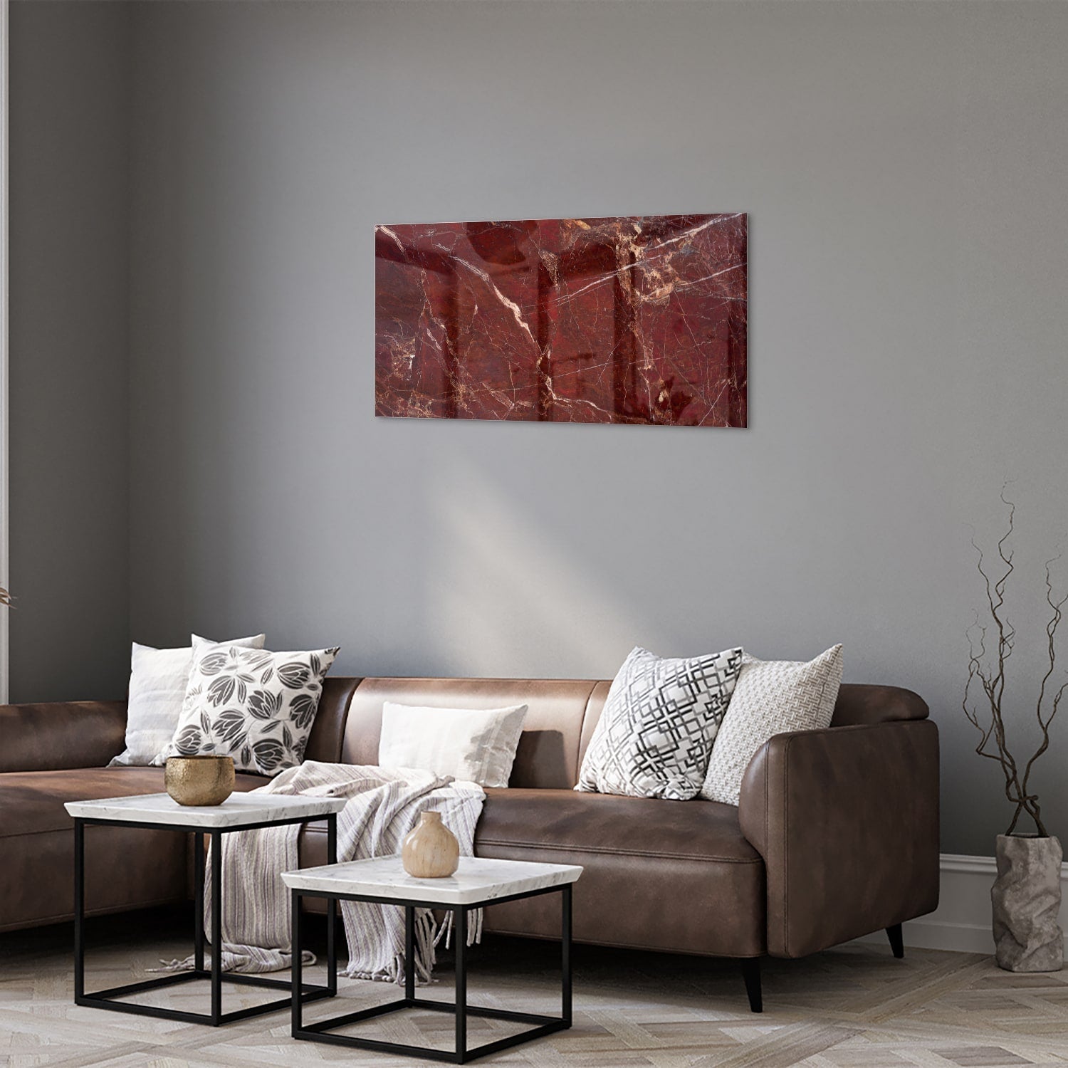 Rotes Glasbild mit Marmoroptik – Glasbild aus Sicherheitsglas, Größe 125x50