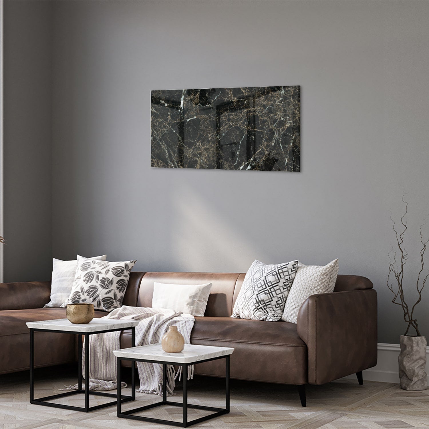 Elegantes schwarzes Marmor-Glasbild für luxuriöses Interieur – Glasbild aus Sicherheitsglas, Größe 125x50
