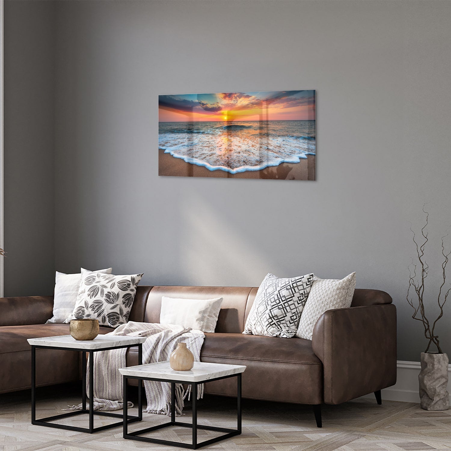 Glasbild – Sonnenuntergang am Strand – Glasbild aus Sicherheitsglas, Größe 125x50