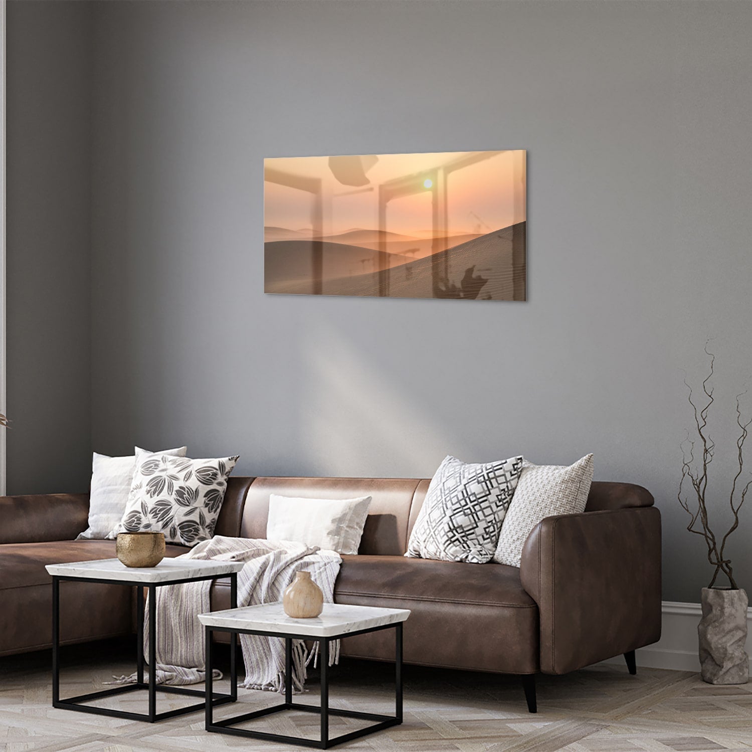 Glasbild mit Sonnenuntergang in warmen Farbtönen – Glasbild aus Sicherheitsglas, Größe 125x50