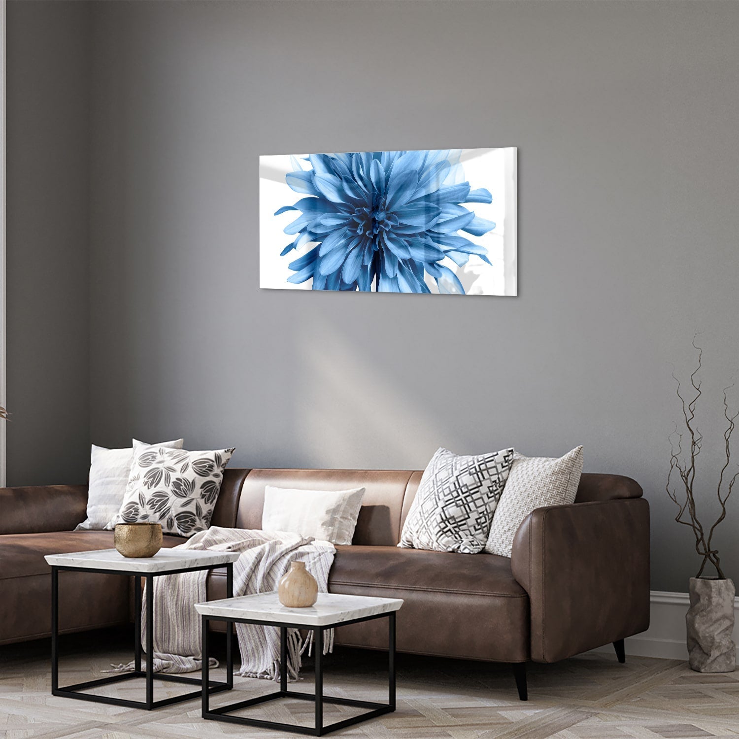 Blaues Glasbild mit einer Blume – Glasbild aus Sicherheitsglas, Größe 125x50