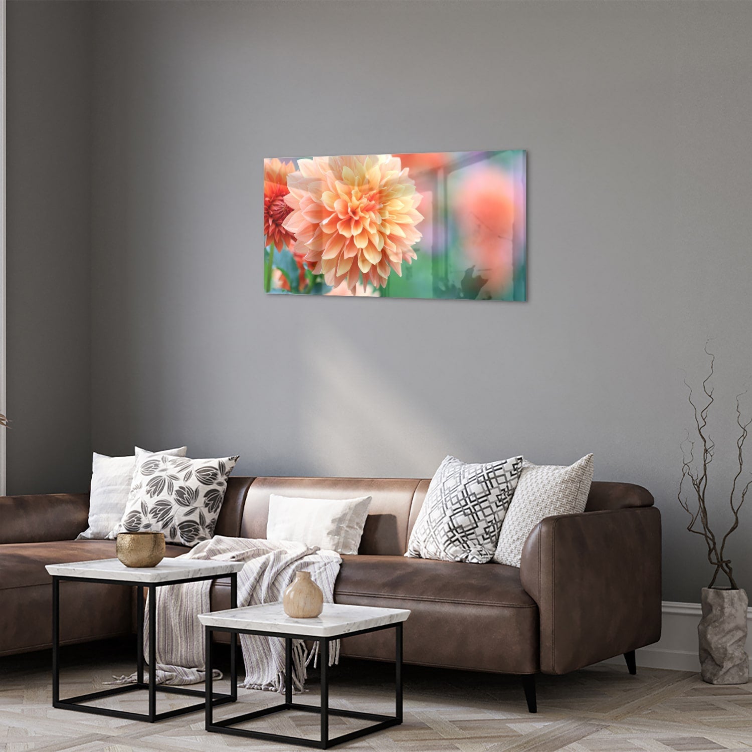 Glasbild mit Pastellrosa Dahlie – Glasbild aus Sicherheitsglas, Größe 125x50
