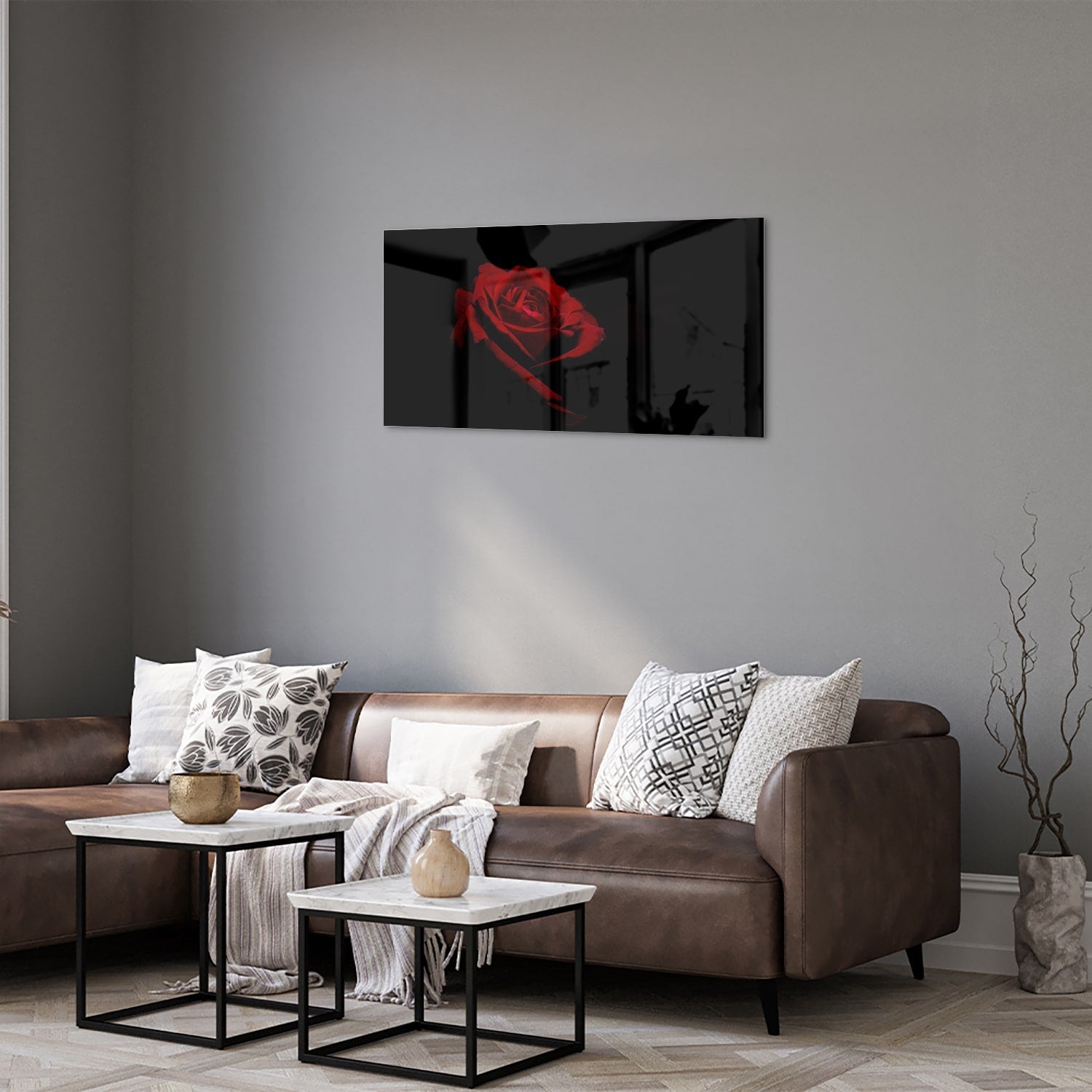 Elegantes Glasbild mit roter Rose auf schwarzem Hintergrund – Glasbild aus Sicherheitsglas, Größe 125x50