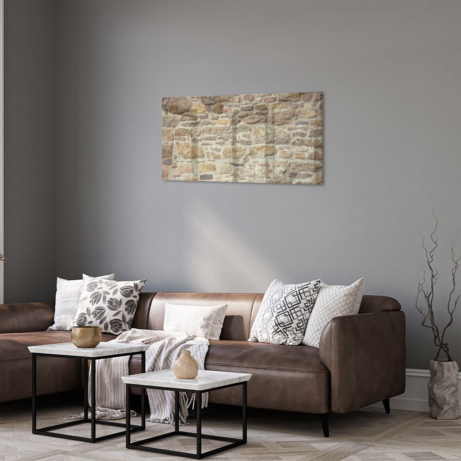 Glasbild mit rustikaler Steinwand – Glasbild aus Sicherheitsglas, Größe 125x50