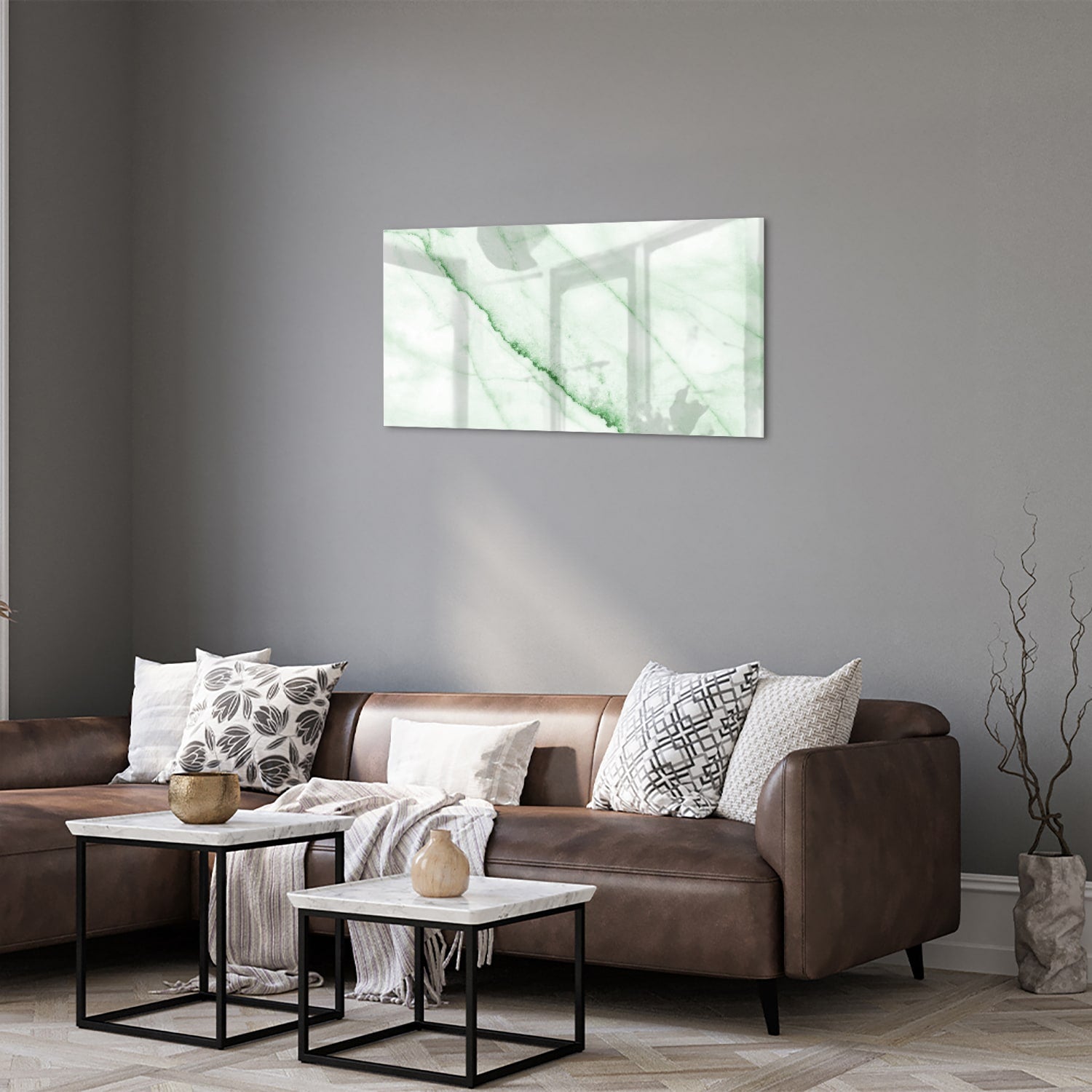 Elegantes Glasbild mit grüner Marmoroptik – Glasbild aus Sicherheitsglas, Größe 125x50