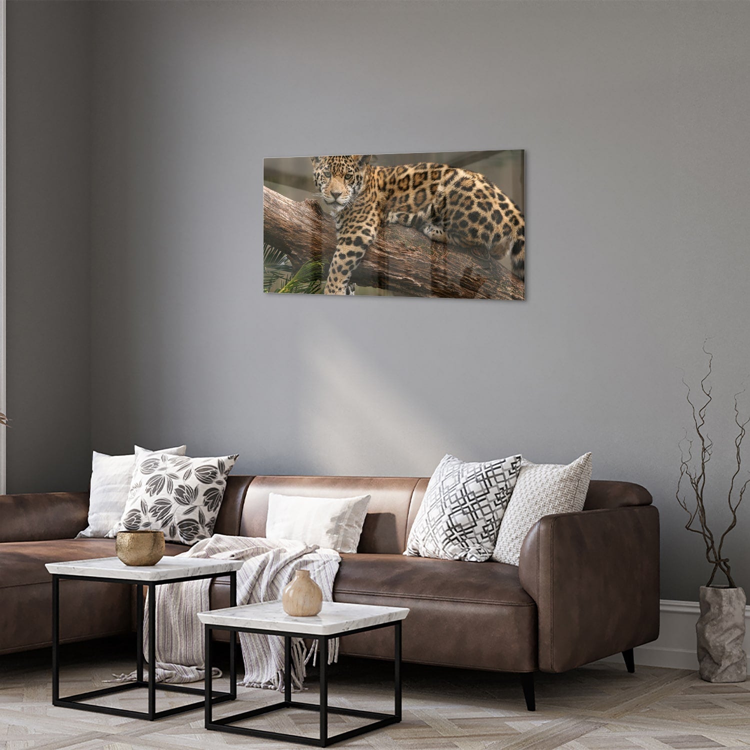 Glasbild mit einem majestätischen Jaguar – Glasbild aus Sicherheitsglas, Größe 125x50