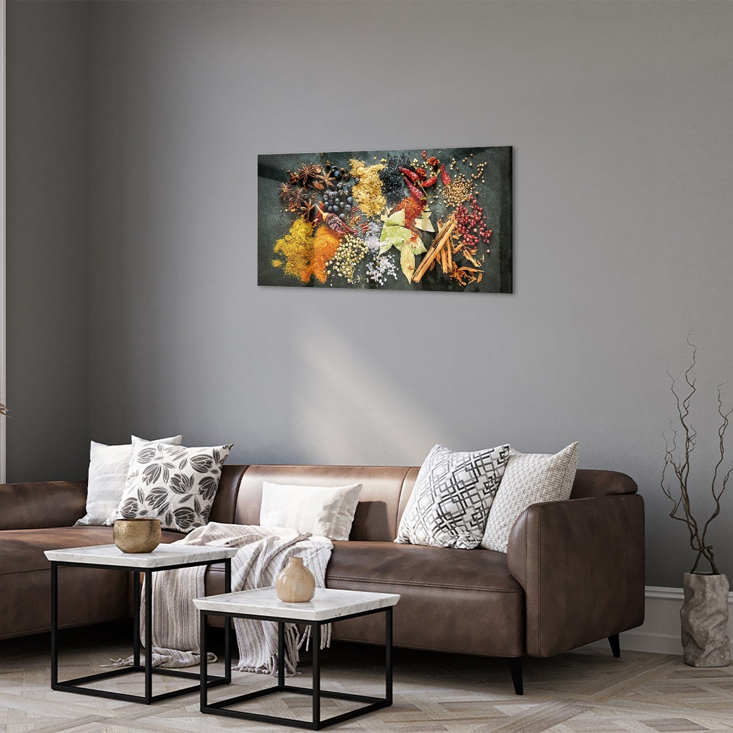 Farbenfrohes Glasbild mit Gewürzen und Blättern – Glasbild aus Sicherheitsglas, Größe 125x50