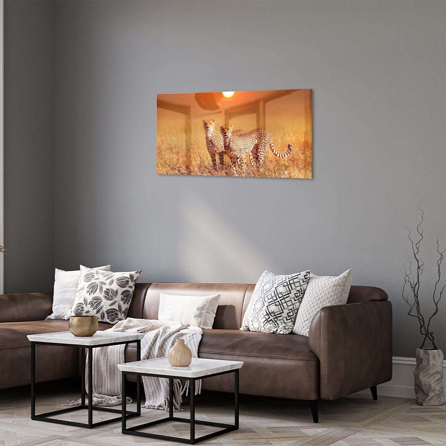 Elegantes Glasbild mit Geparden in der Natur – Glasbild aus Sicherheitsglas, Größe 125x50