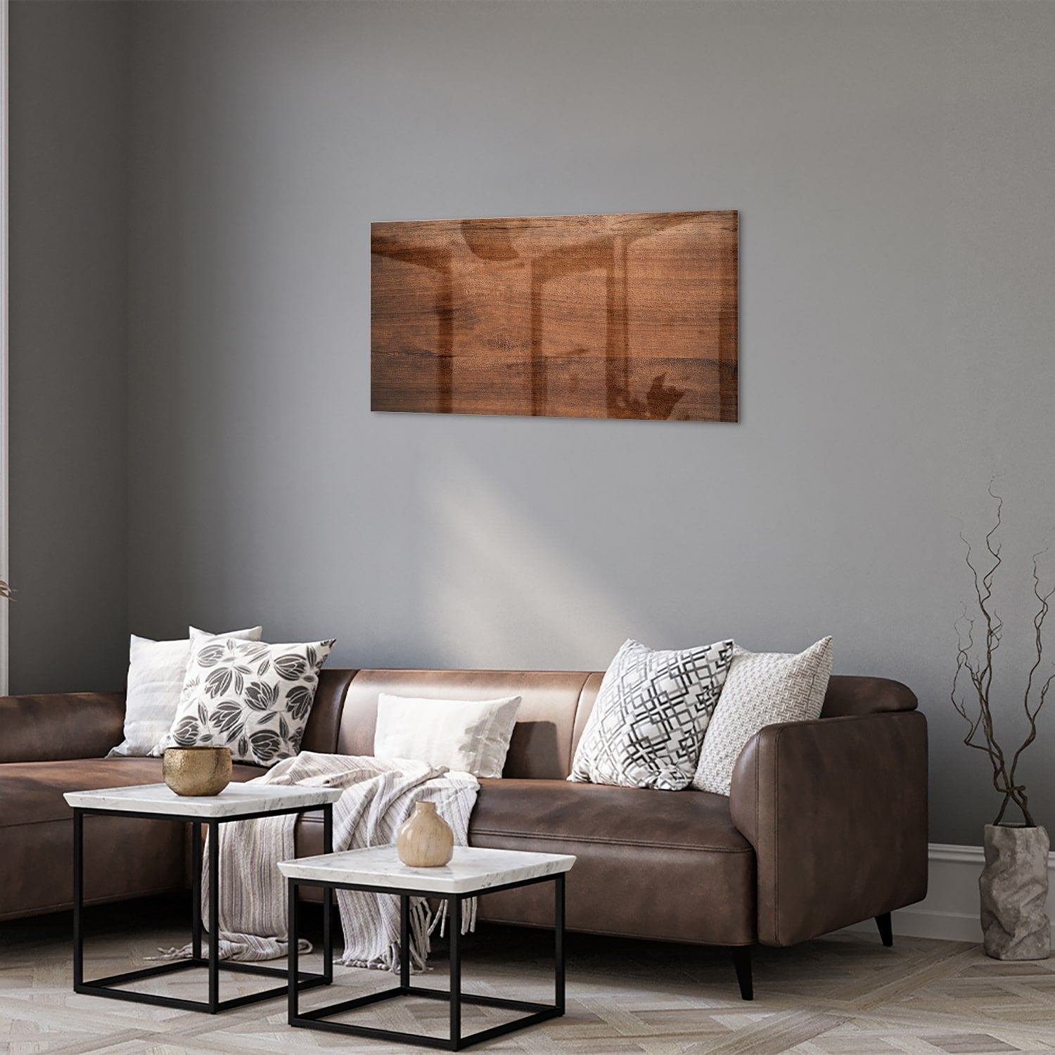Elegantes Glasbild in warmem Holzton – Glasbild aus Sicherheitsglas, Größe 125x50