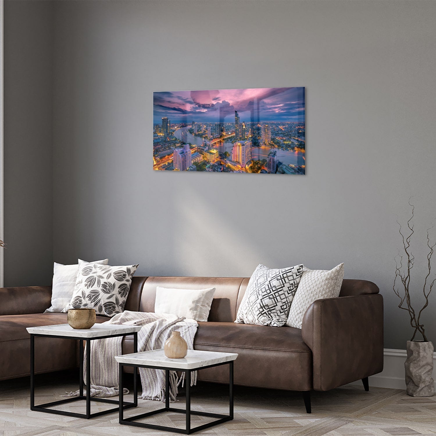 Glasbild mit Stadtblick im Abendlicht – Glasbild aus Sicherheitsglas, Größe 125x50