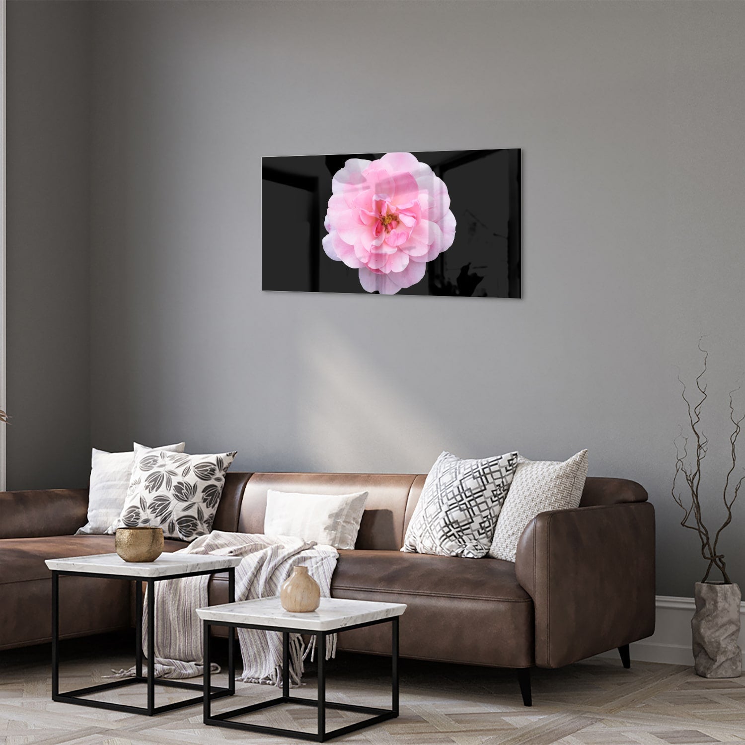 Elegantes Glasbild mit rosa Blume auf schwarzem Hintergrund – Glasbild aus Sicherheitsglas, Größe 125x50