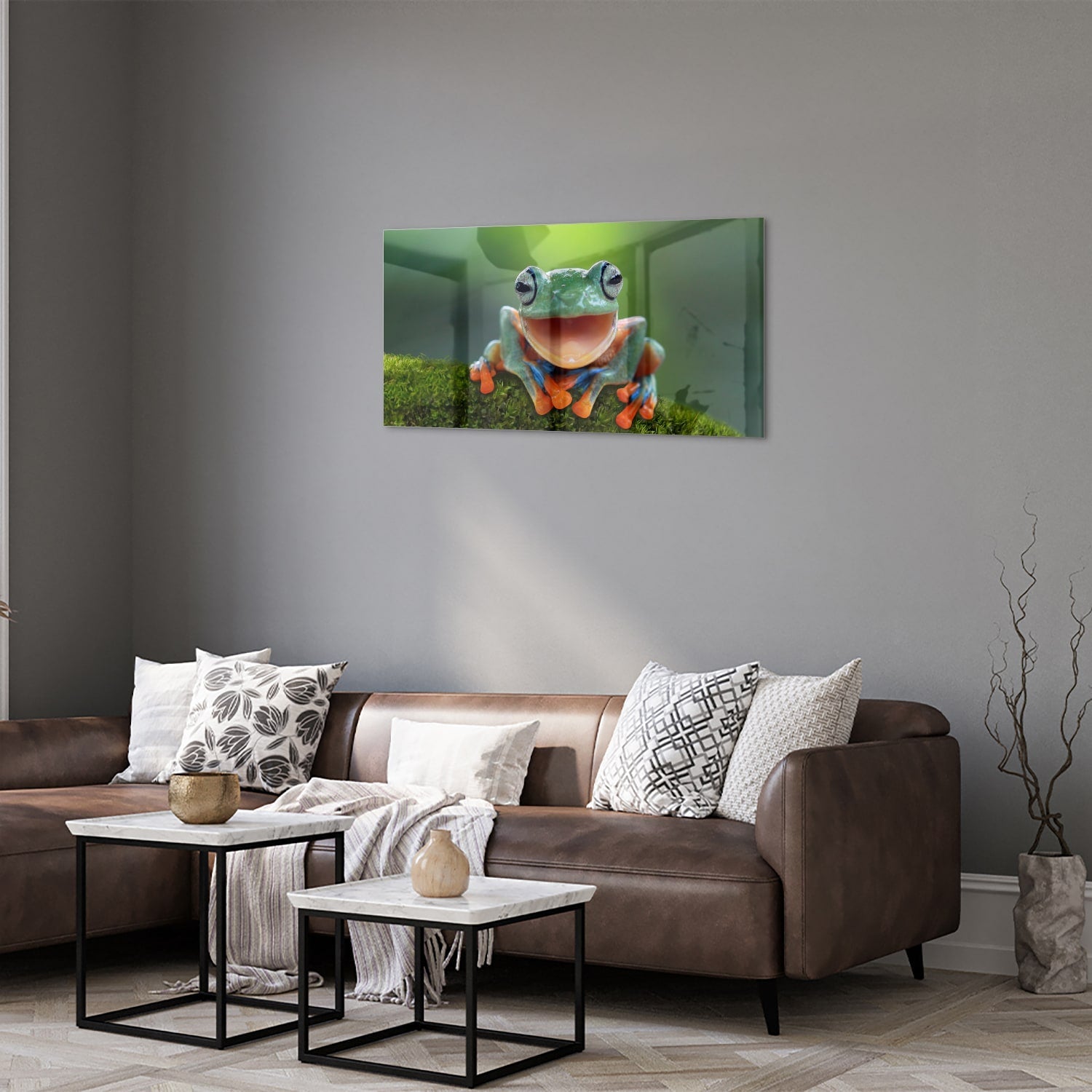 Fröhliches Glasbild mit Laubfrosch – Glasbild aus Sicherheitsglas, Größe 125x50