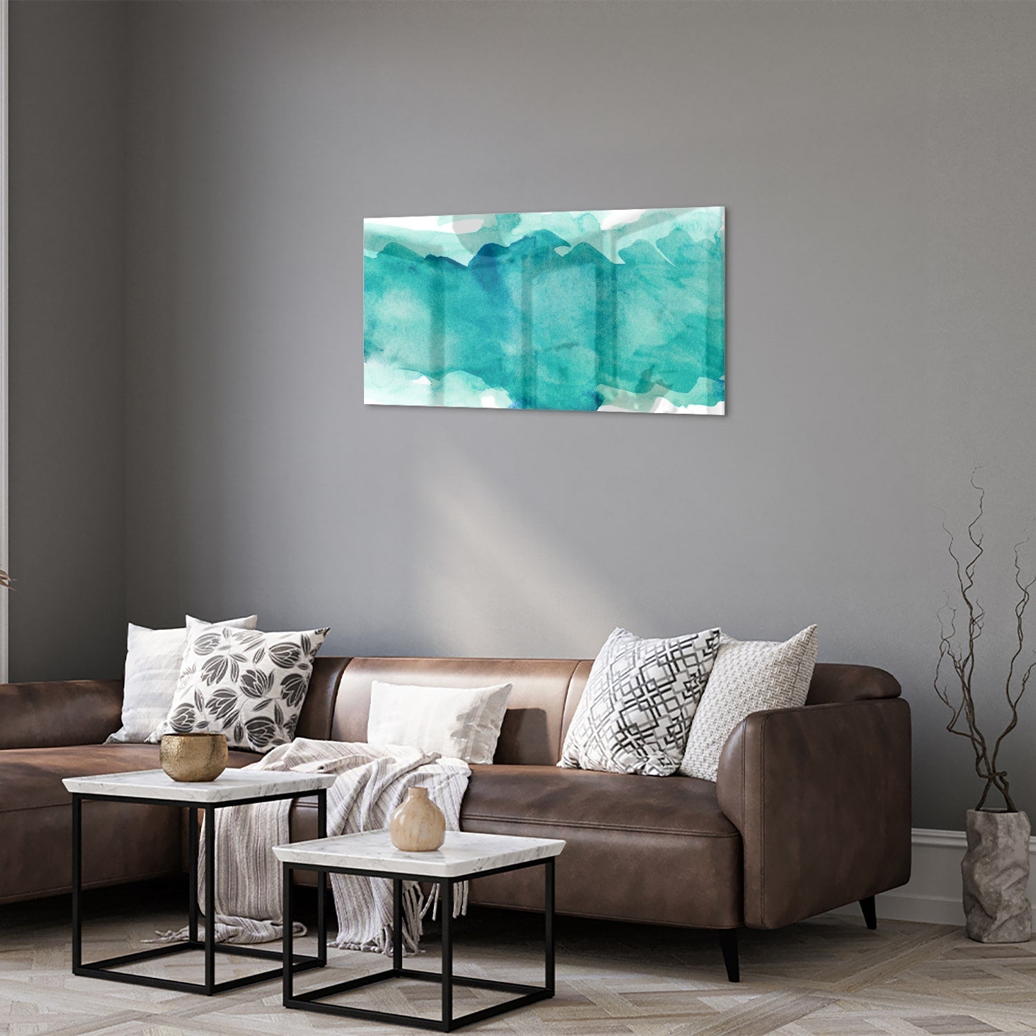 Abstraktes türkisfarbenes Glasbild für moderne Innenräume – Glasbild aus Sicherheitsglas, Größe 125x50