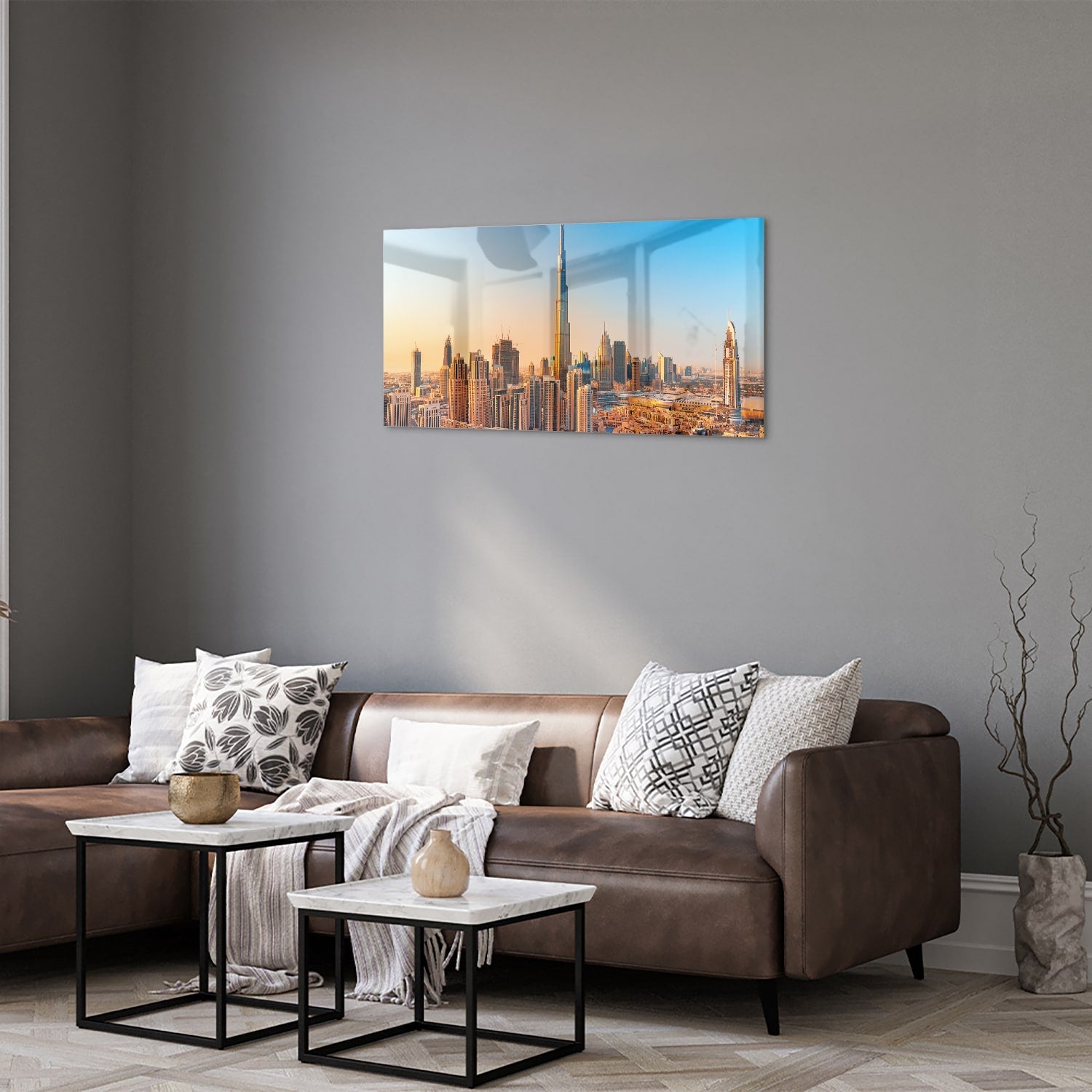 Modernes Glasbild mit Skyline Dubai – Glasbild aus Sicherheitsglas, Größe 125x50