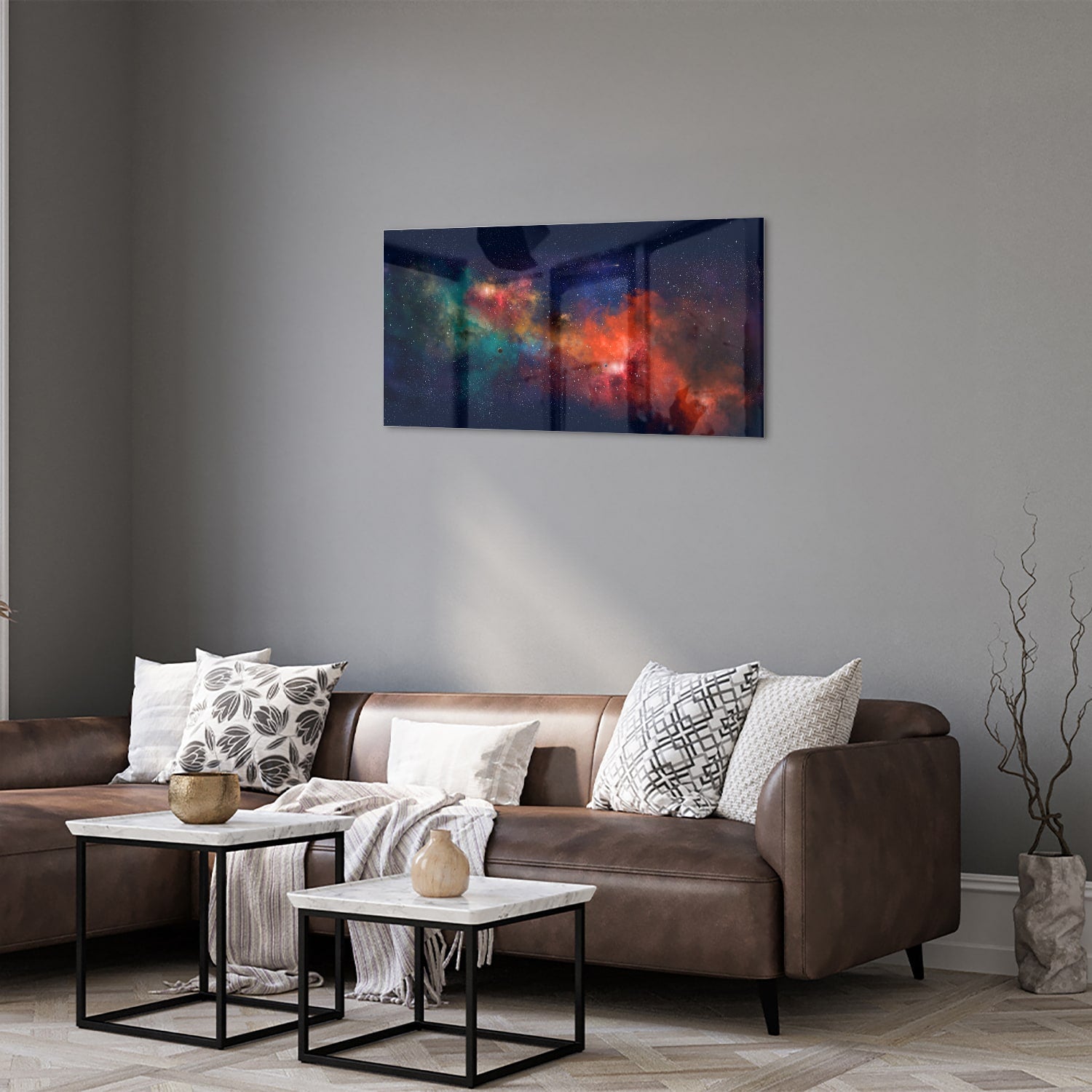 Leuchtendes Glasbild mit Galaxie – Glasbild aus Sicherheitsglas, Größe 125x50
