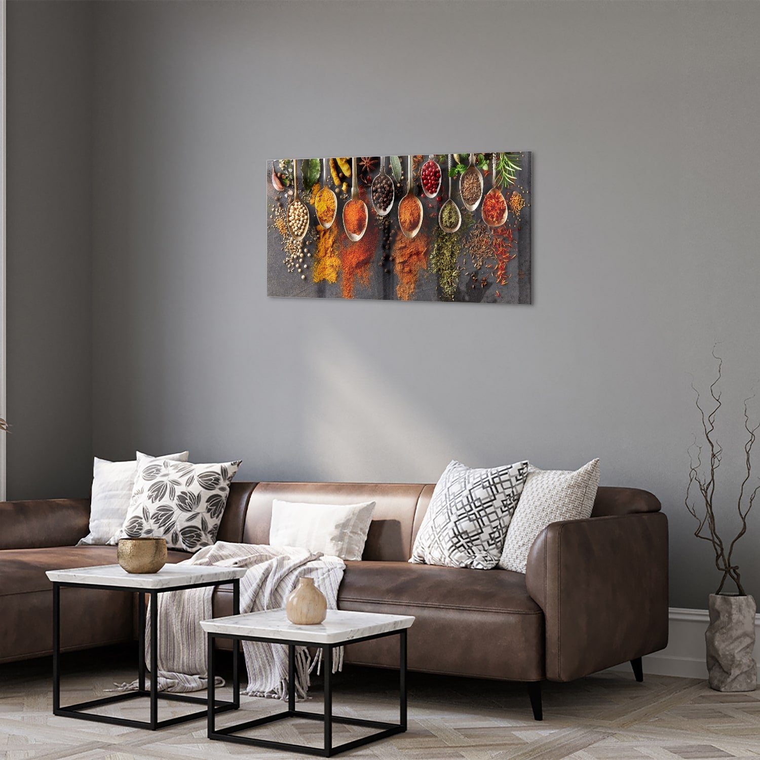 Farbenfrohes Glasbild mit Kräutern und Gewürzen – Glasbild aus Sicherheitsglas, Größe 125x50