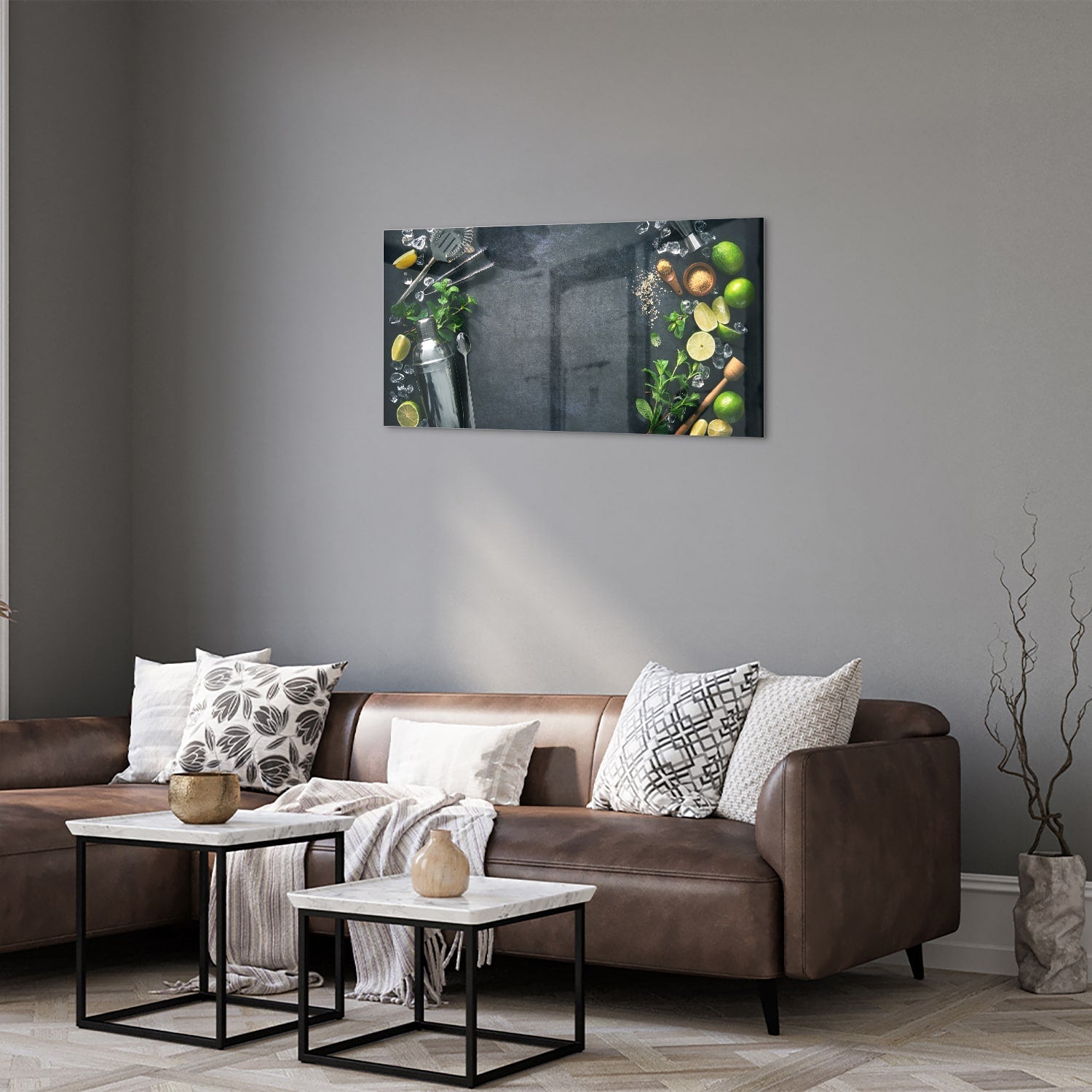 Elegantes Glasbild mit Kräutern und Zitronen – Glasbild aus Sicherheitsglas, Größe 125x50