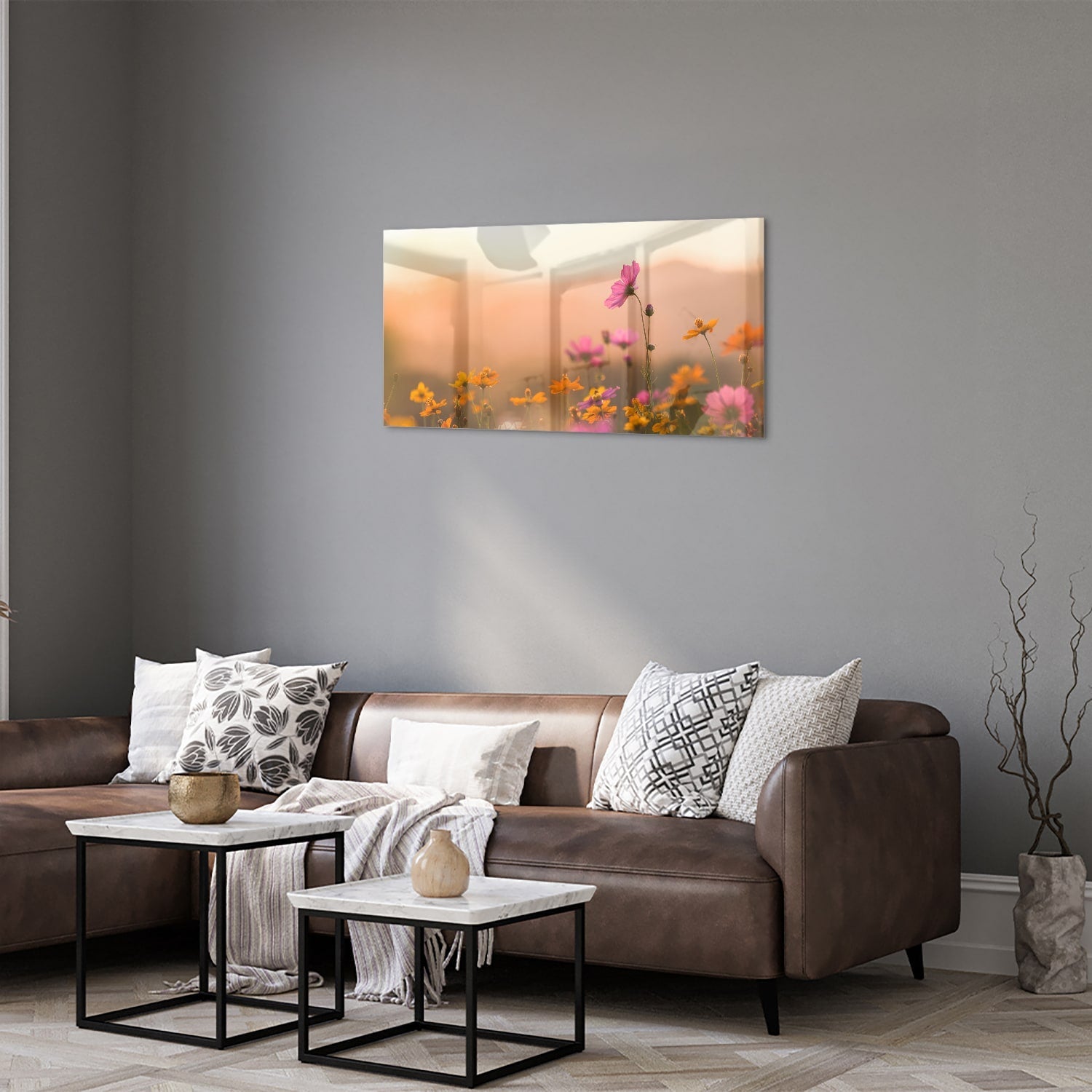 Wunderschönes Glasbild mit Blumen in Pastellfarben – Glasbild aus Sicherheitsglas, Größe 125x50