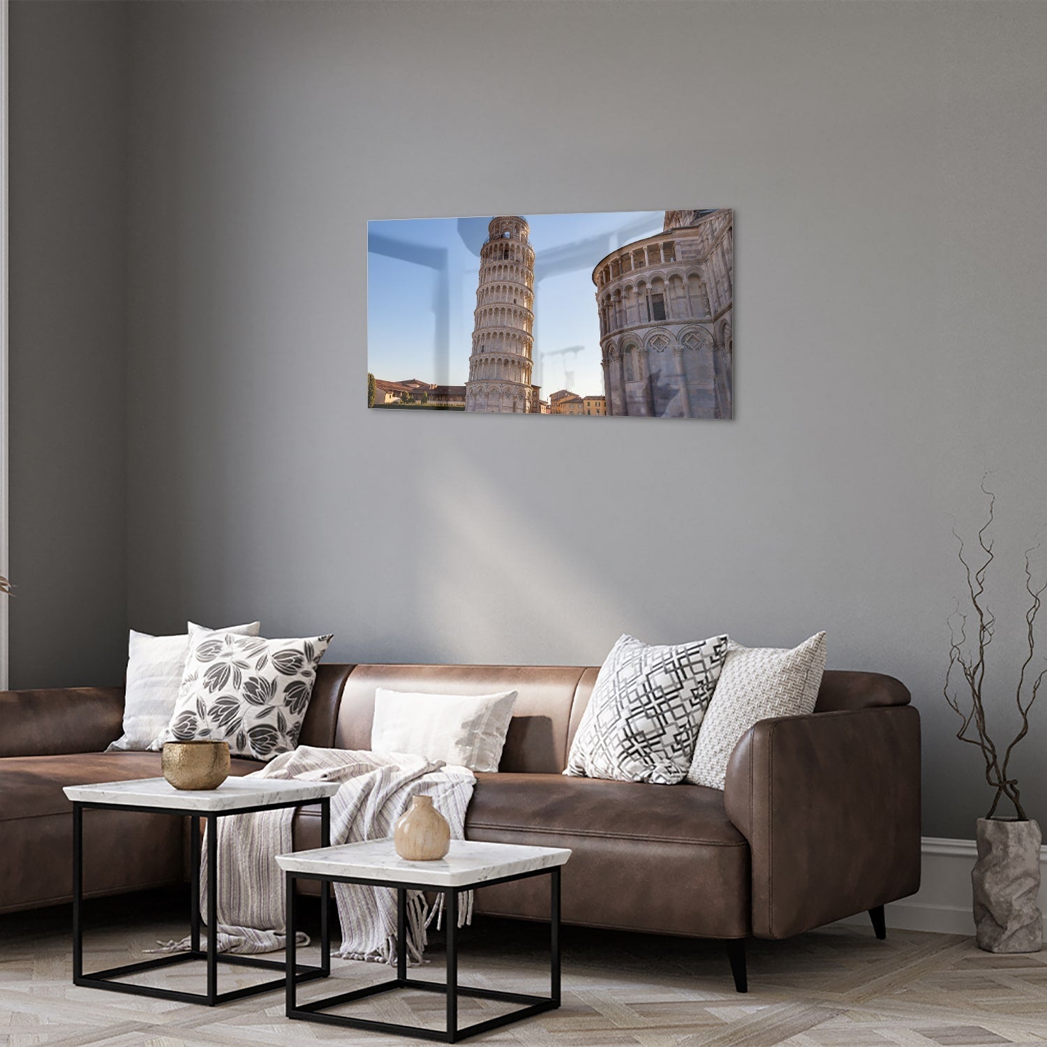 Glasbild mit dem Schiefen Turm von Pisa – Glasbild aus Sicherheitsglas, Größe 125x50