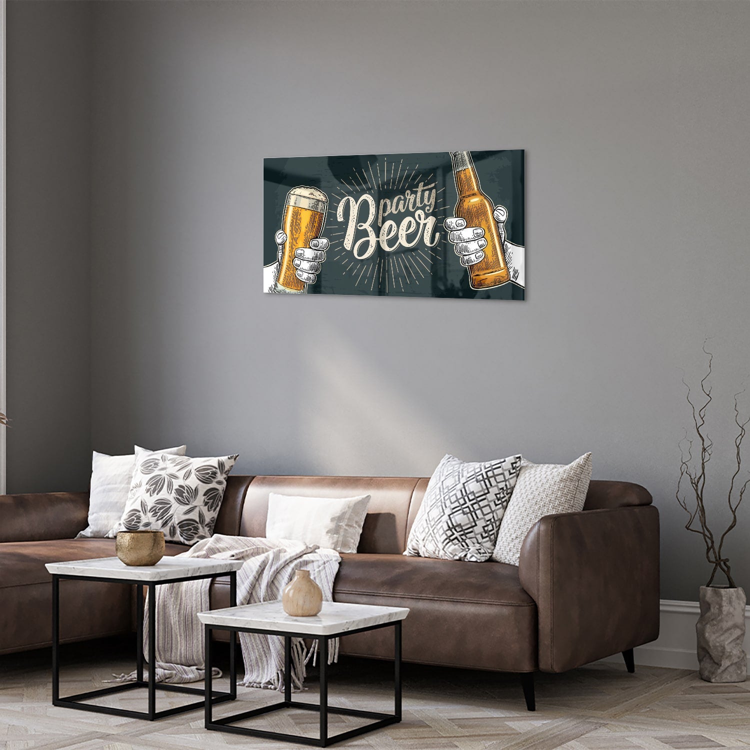 Festliches Glasbild mit Bier – Glasbild aus Sicherheitsglas, Größe 125x50