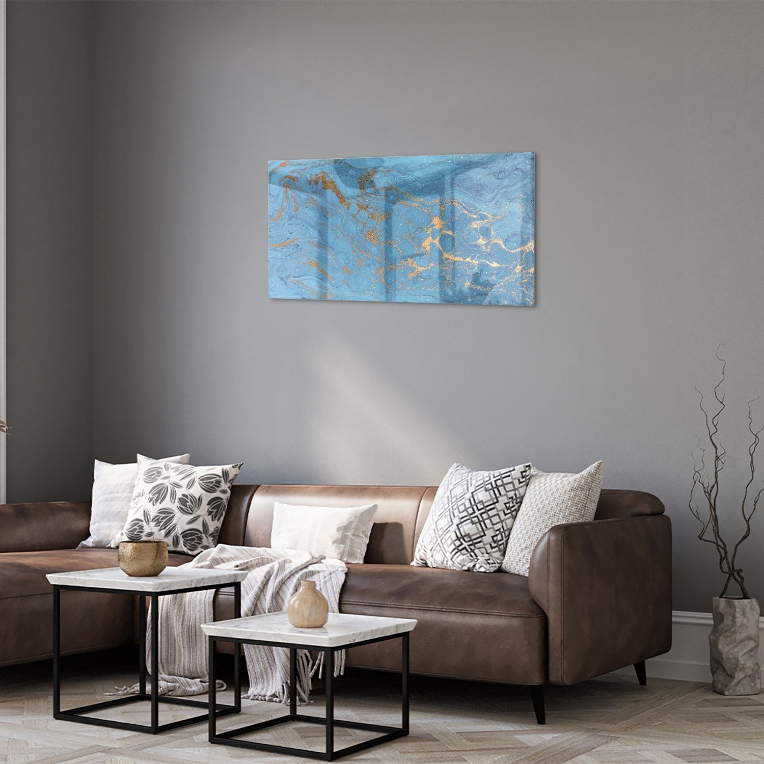 Elegantes Glasbild in blauen und goldenen Farbtönen – Glasbild aus Sicherheitsglas, Größe 125x50