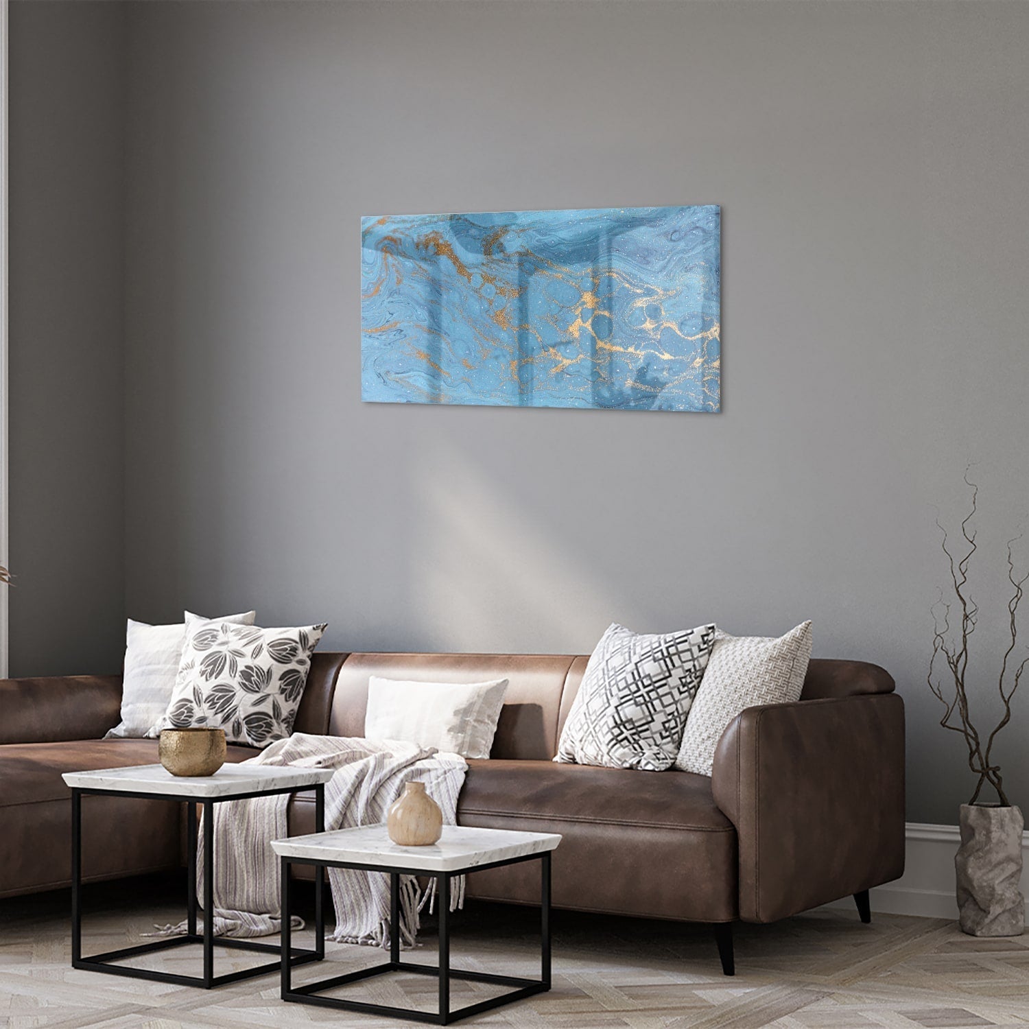 Elegantes Glasbild in blaue und goldenen tinten als moderne Glas-Wanddekoration aus 4 mm Sicherheitsglas