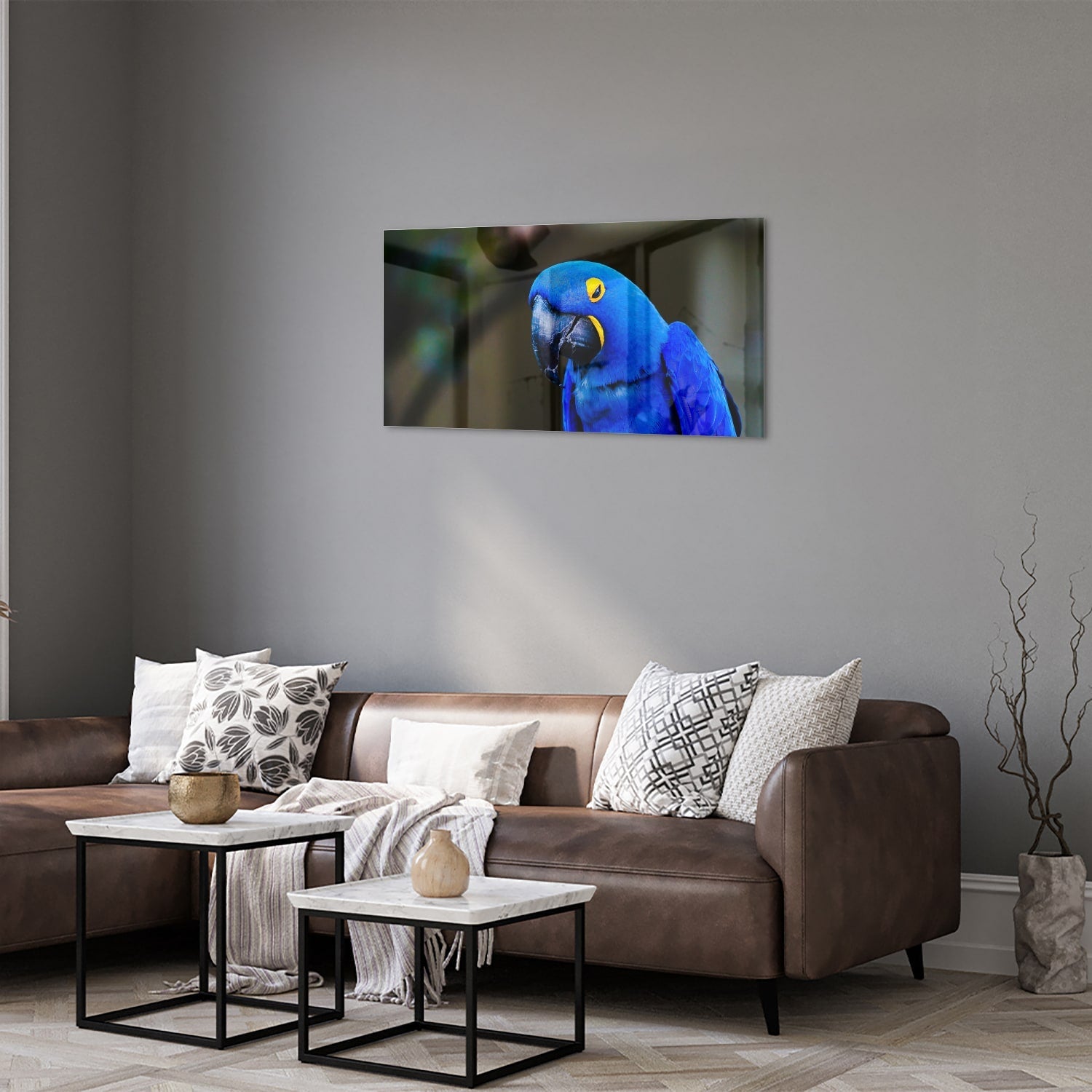 Glasbild mit einem wunderschönen blauen Ara – Glasbild aus Sicherheitsglas, Größe 125x50