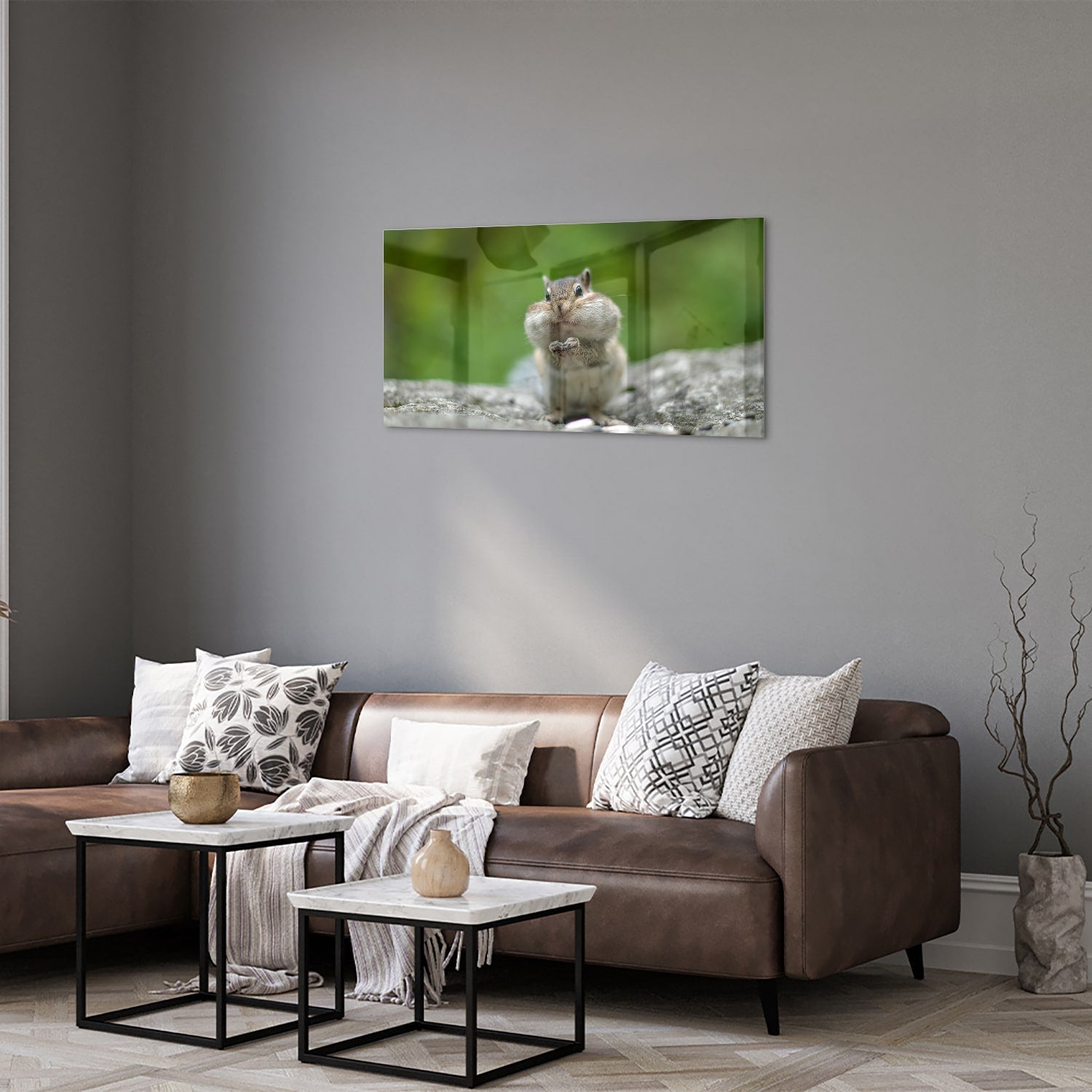 Niedliches Glasbild mit Eichhörnchen – Glasbild aus Sicherheitsglas, Größe 125x50