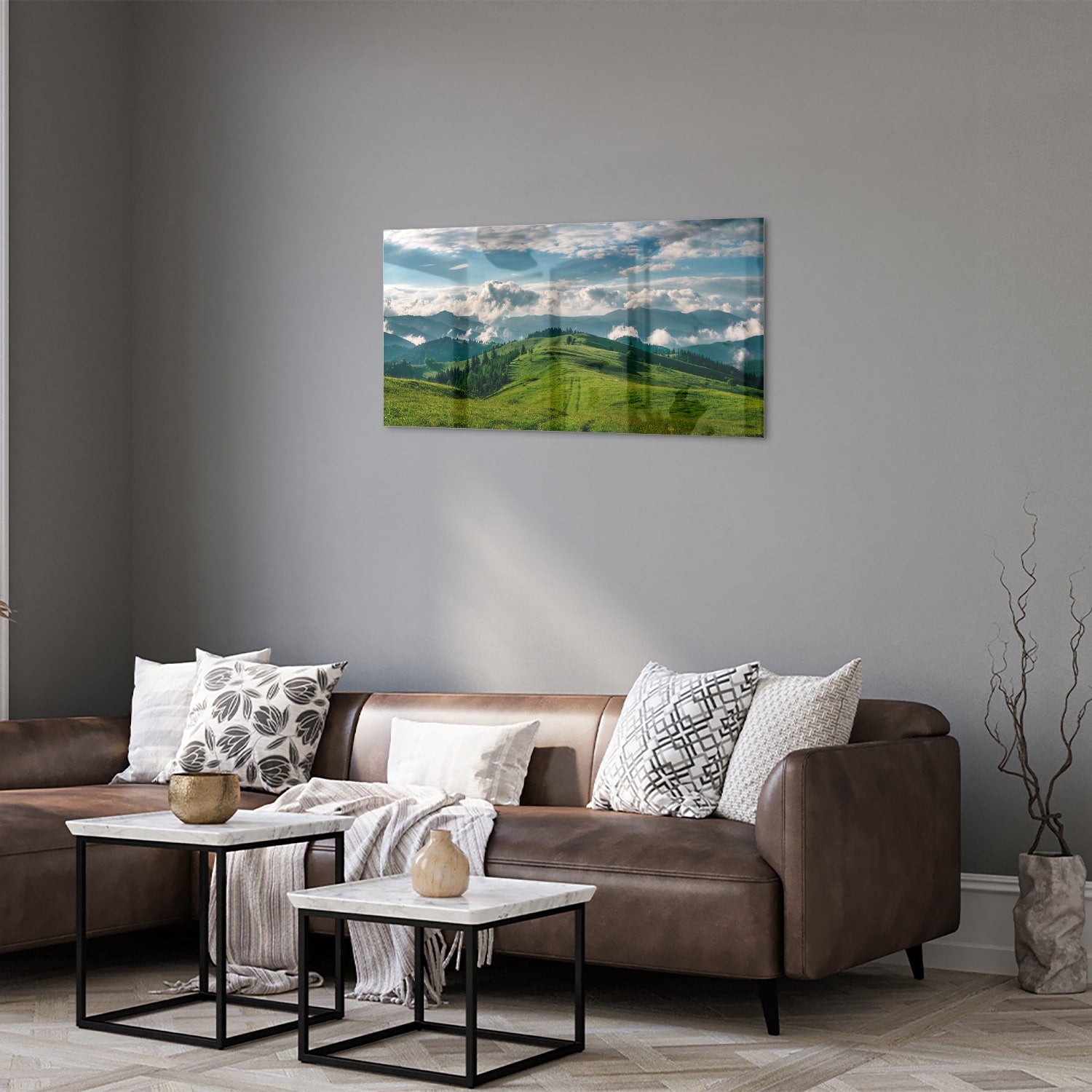 Glasbild mit atemberaubender Berglandschaft – Glasbild aus Sicherheitsglas, Größe 125x50