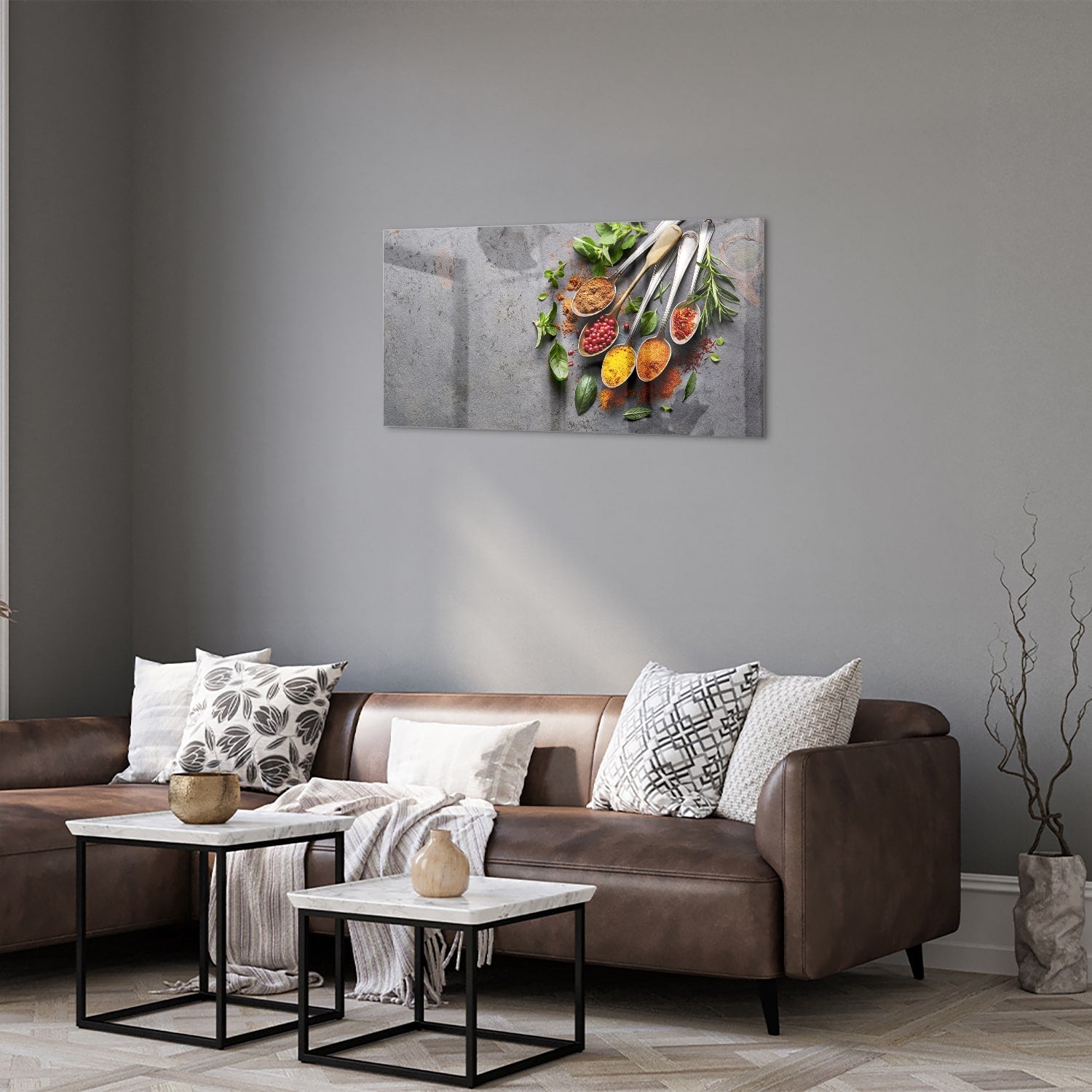 Glasbild mit Kräutern und Gewürzen – Glasbild aus Sicherheitsglas, Größe 125x50