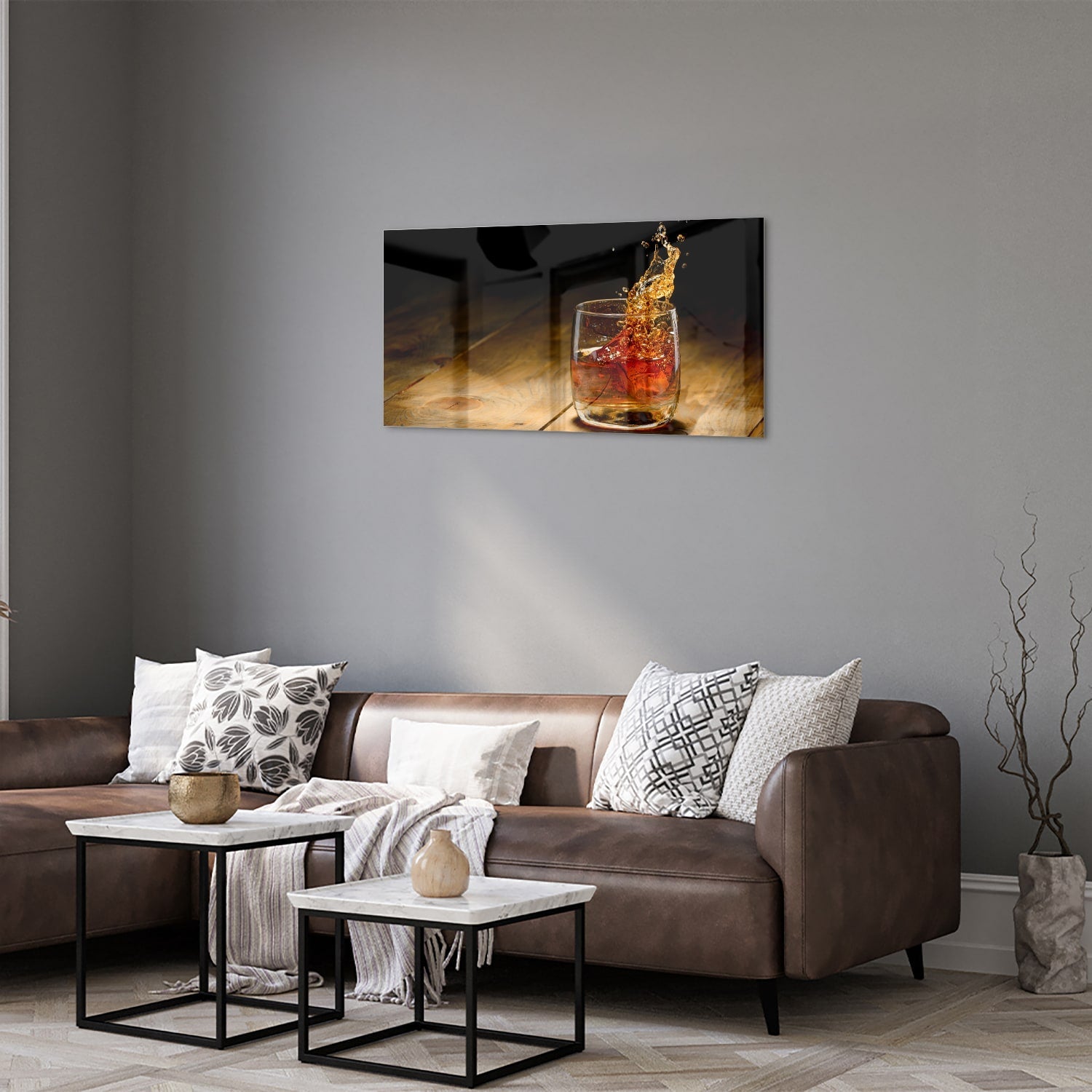 Glasbild mit spritzigem Getränk – Glasbild aus Sicherheitsglas, Größe 125x50