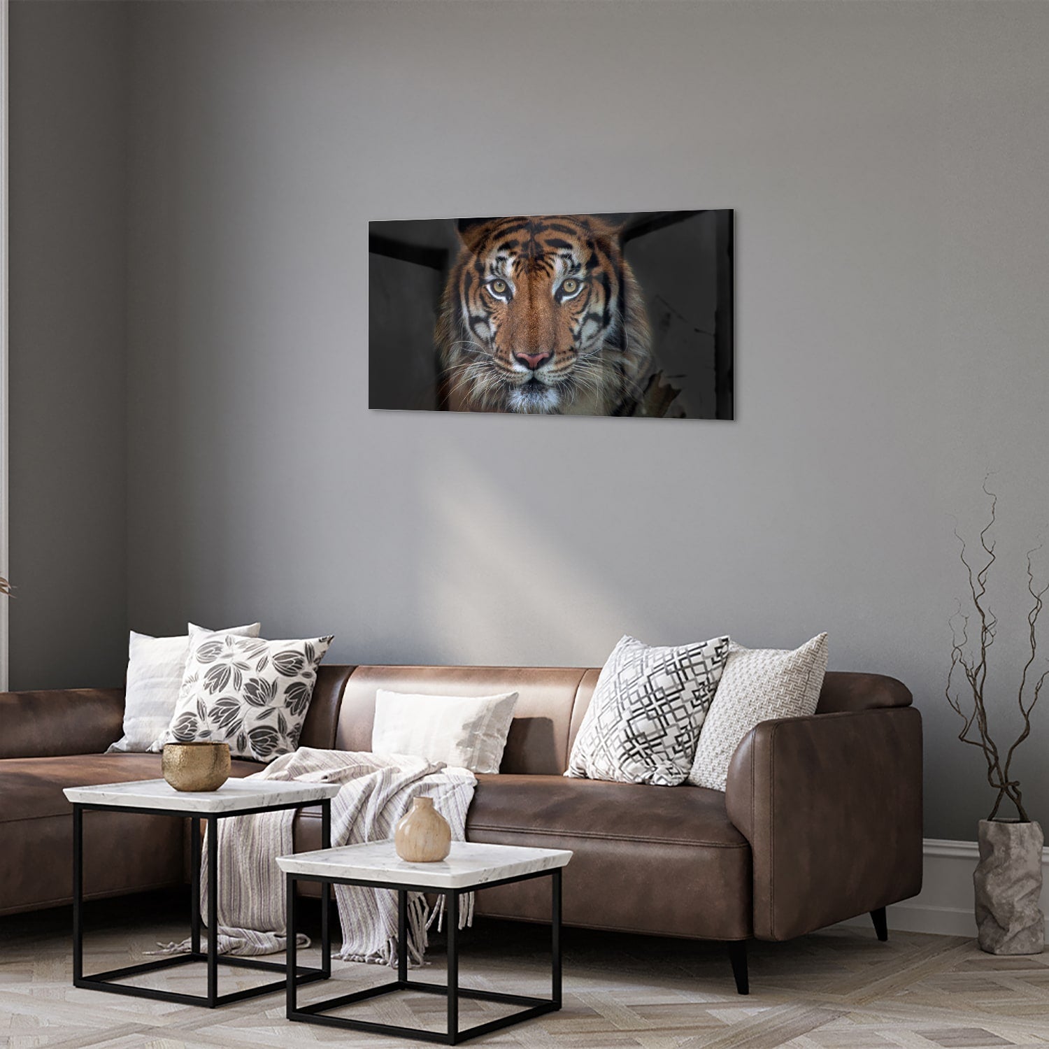 Kraftvoller Tiger – Glasbild für Ihr Interieur – Glasbild aus Sicherheitsglas, Größe 125x50