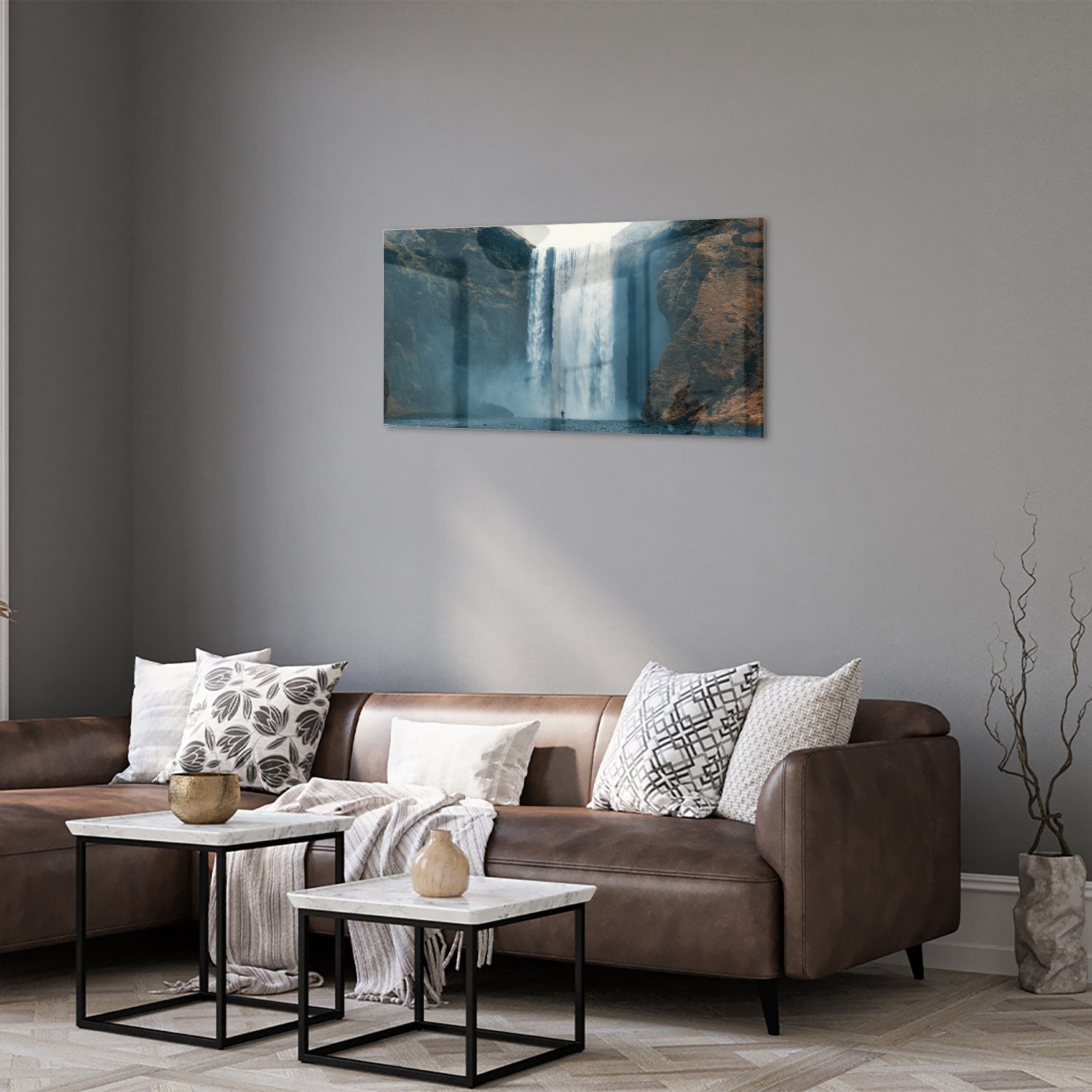 Atemberaubendes Glasbild mit Wasserfall – Glasbild aus Sicherheitsglas, Größe 125x50