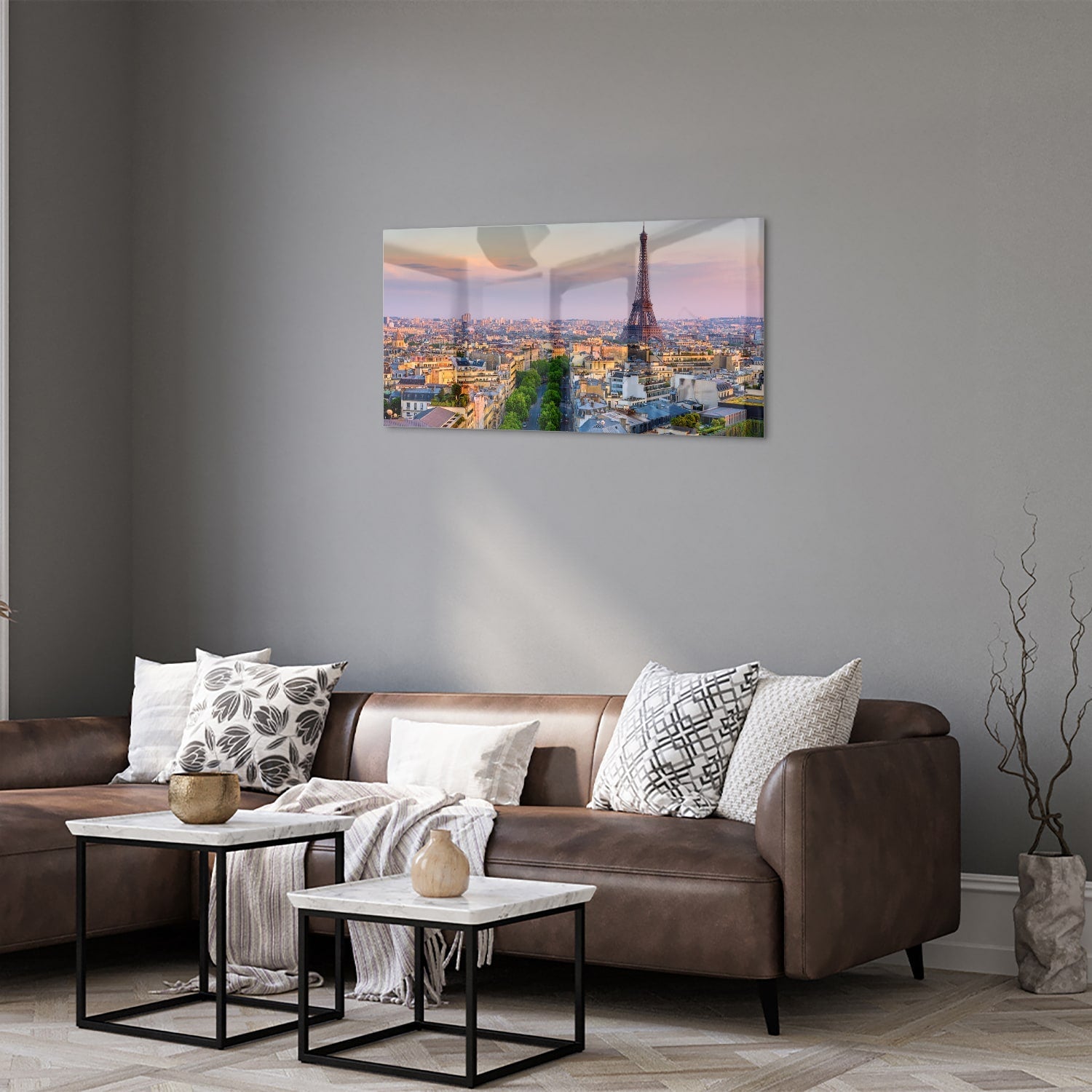 Glasbild mit dem Eiffelturm in Paris – Glasbild aus Sicherheitsglas, Größe 125x50
