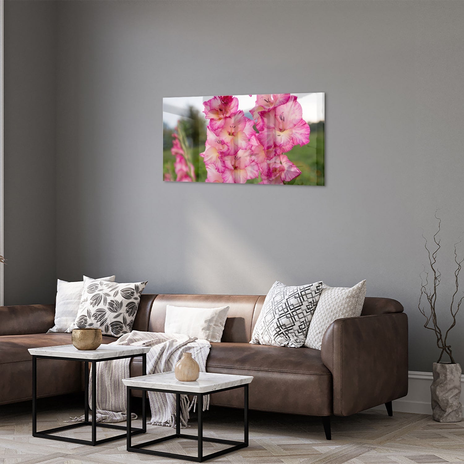 Glasbild mit wunderschönen rosa Gladiolen – Glasbild aus Sicherheitsglas, Größe 125x50