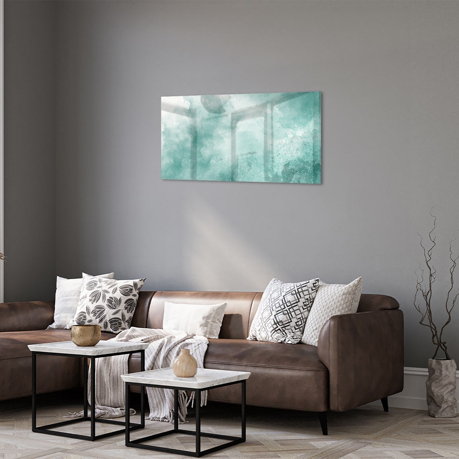 Abstraktes Glasbild in Aquablau – Glasbild aus Sicherheitsglas, Größe 125x50