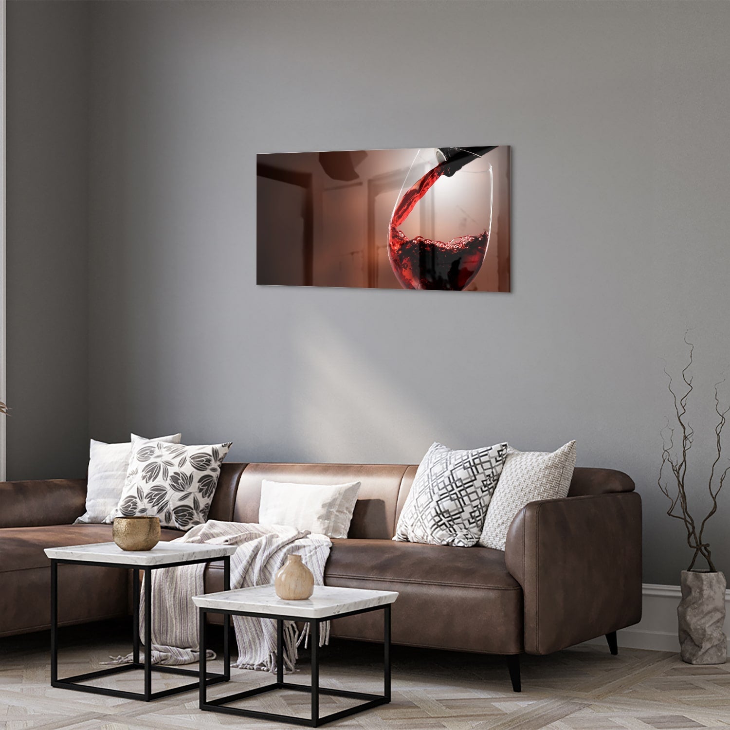 Glasbild mit Rotwein in einem stilvollen Raum – Glasbild aus Sicherheitsglas, Größe 125x50