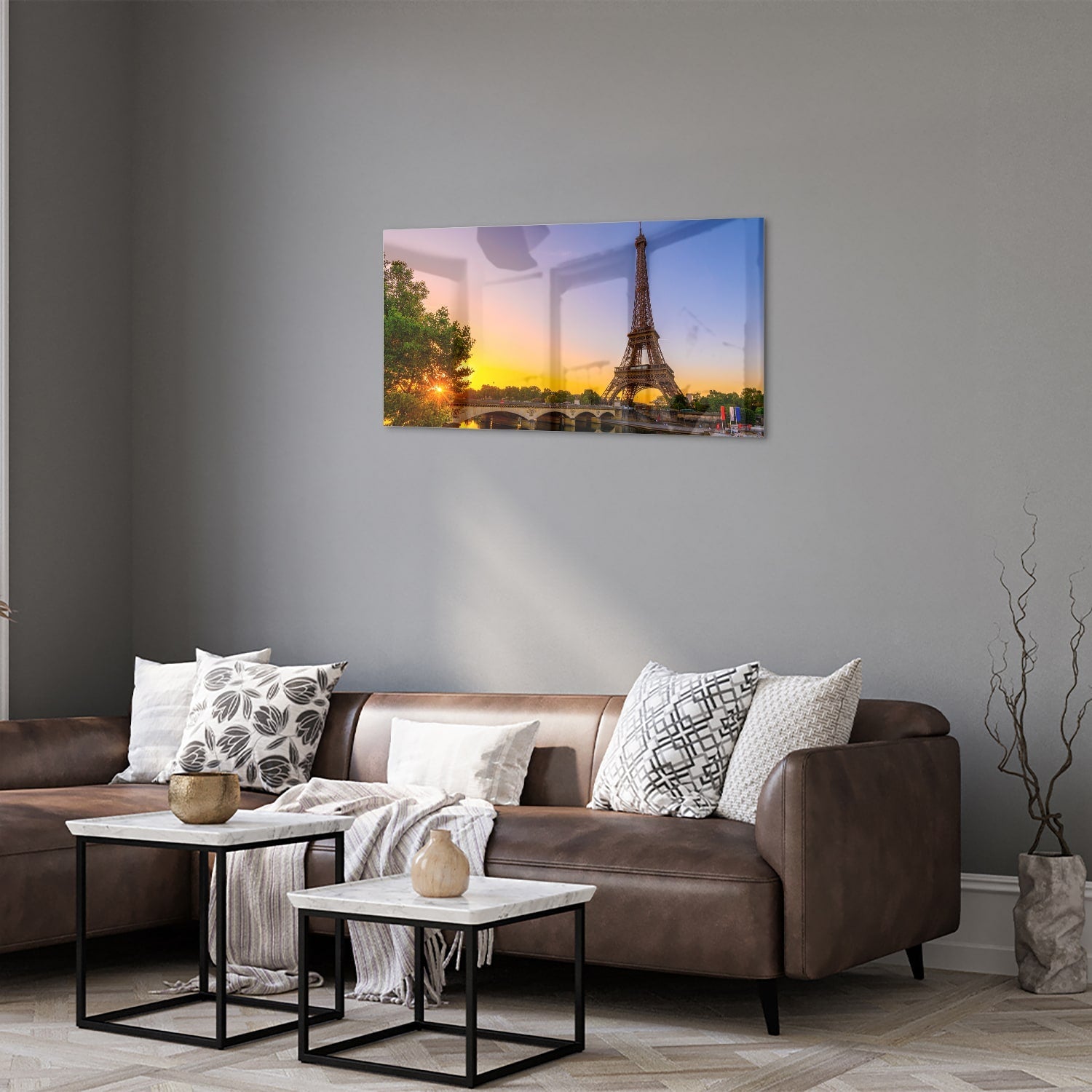 Glasbild mit dem Eiffelturm bei Sonnenuntergang – Glasbild aus Sicherheitsglas, Größe 125x50