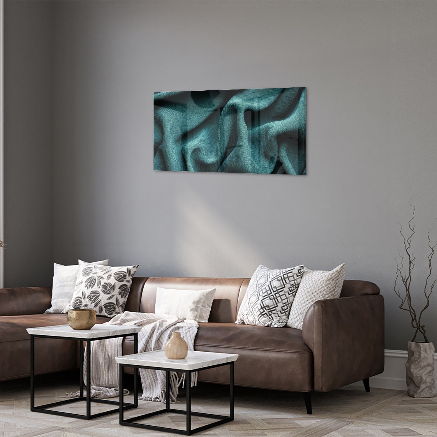 Elegantes Glasbild mit blau-grünem Design – Glasbild aus Sicherheitsglas, Größe 125x50