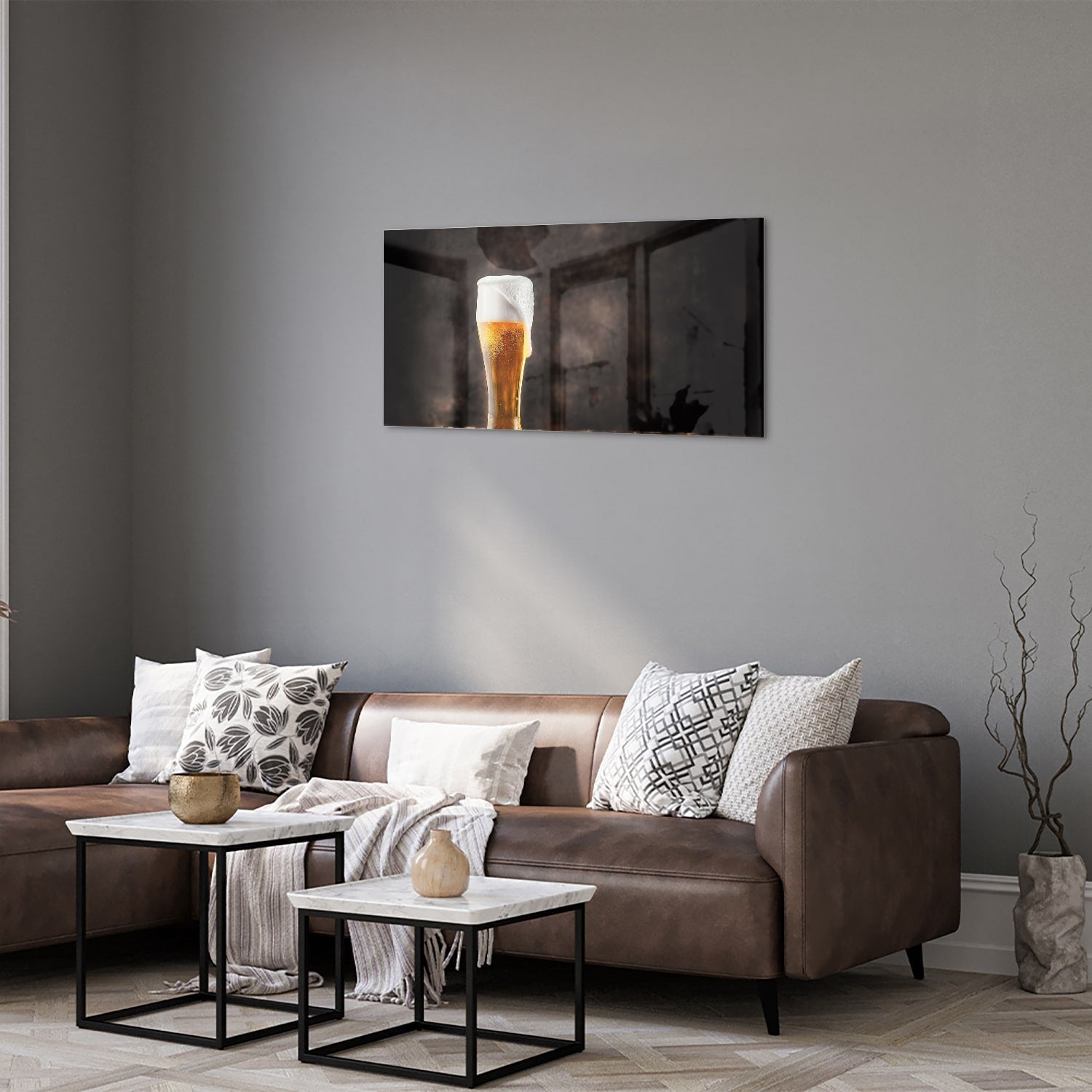 Stilvolles Glasbild mit einem Bier – Glasbild aus Sicherheitsglas, Größe 125x50