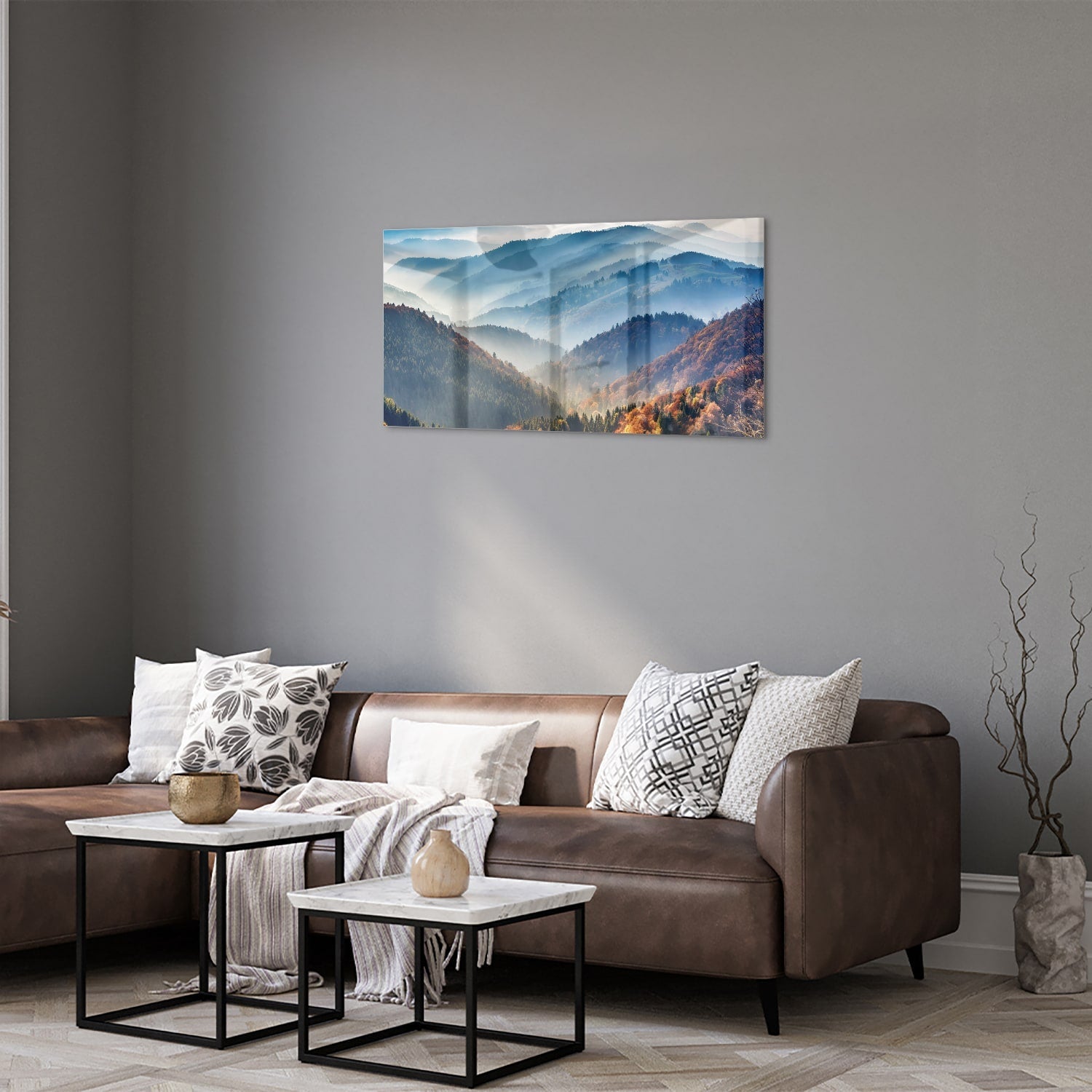 Atemberaubendes Glasbild mit Berglandschaft für Zuhause – Glasbild aus Sicherheitsglas, Größe 125x50