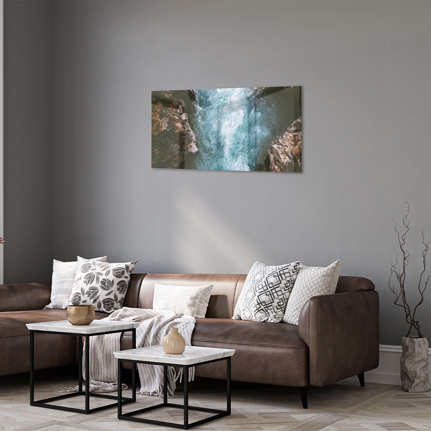 Glasbild mit klarem Bergwasser – Glasbild aus Sicherheitsglas, Größe 125x50