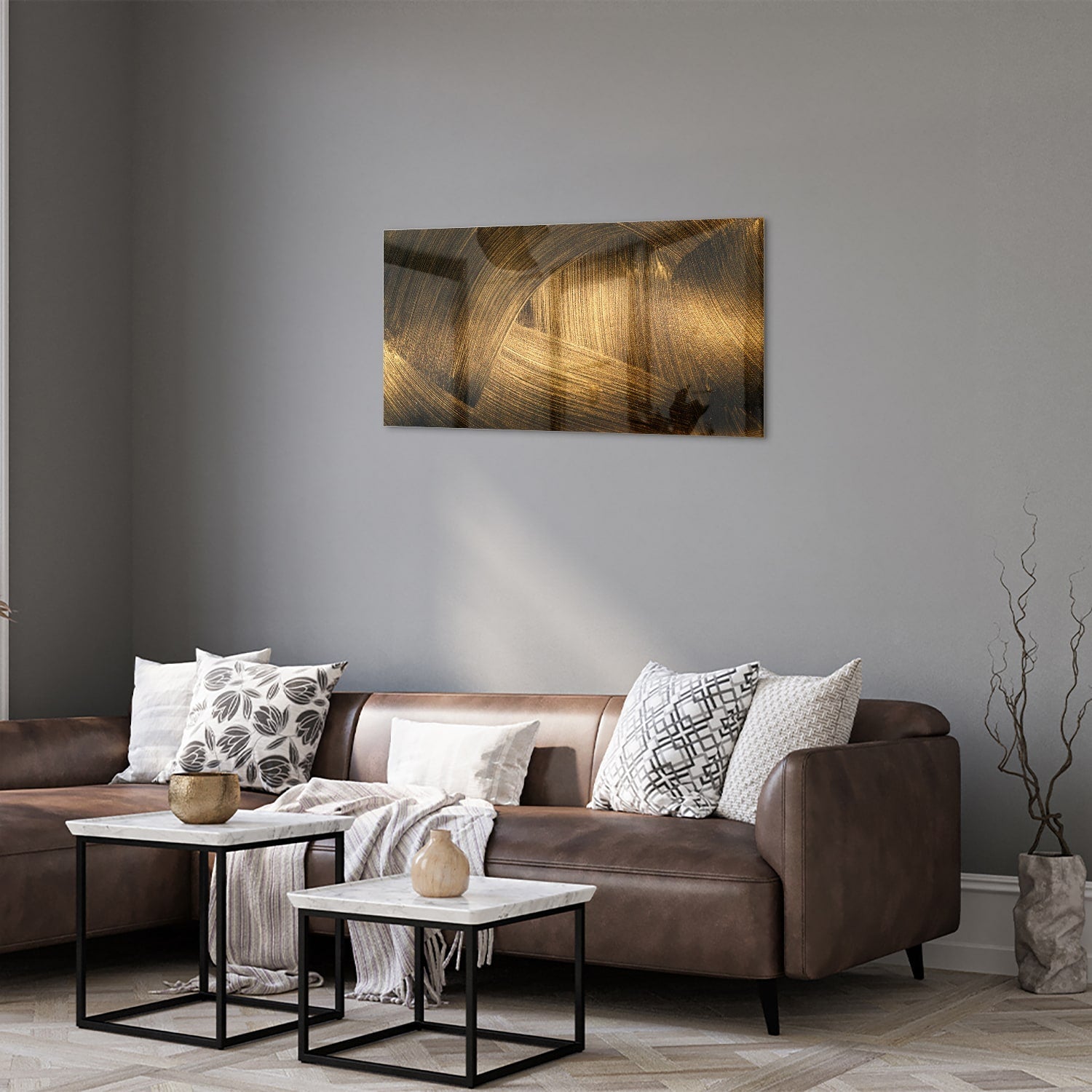 Elegantes Glasbild mit goldenem Muster – Glasbild aus Sicherheitsglas, Größe 125x50